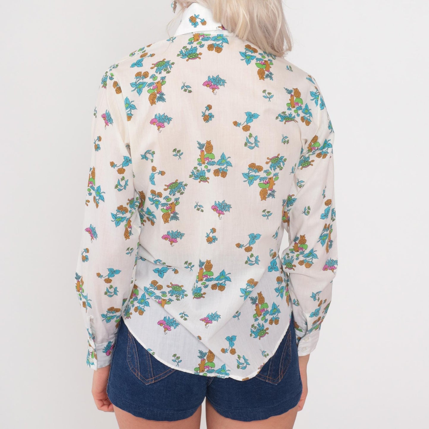 70s Animal Print Button Down Shirt Owl Turtle White Cotton Small S