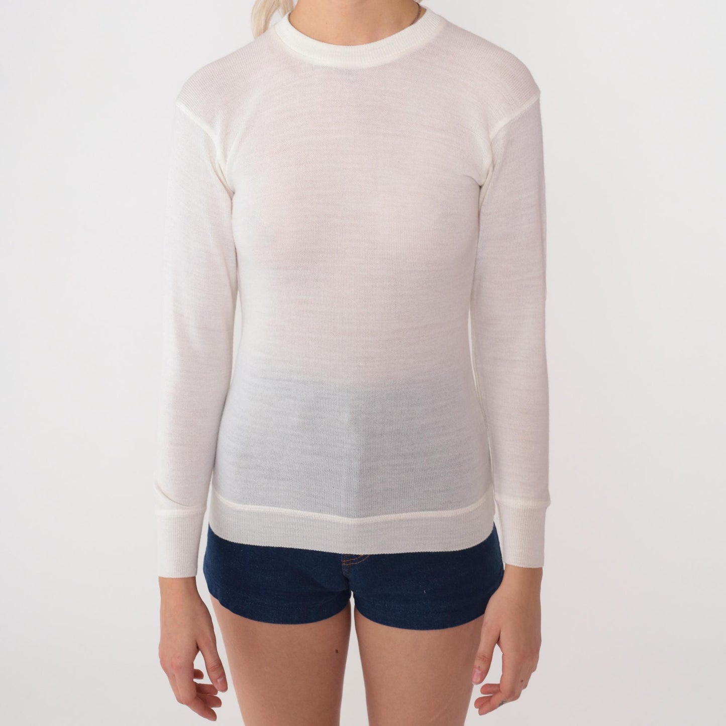 80s Snowflakes Wool Sweater Cream Ribbed Knit Crewneck XS