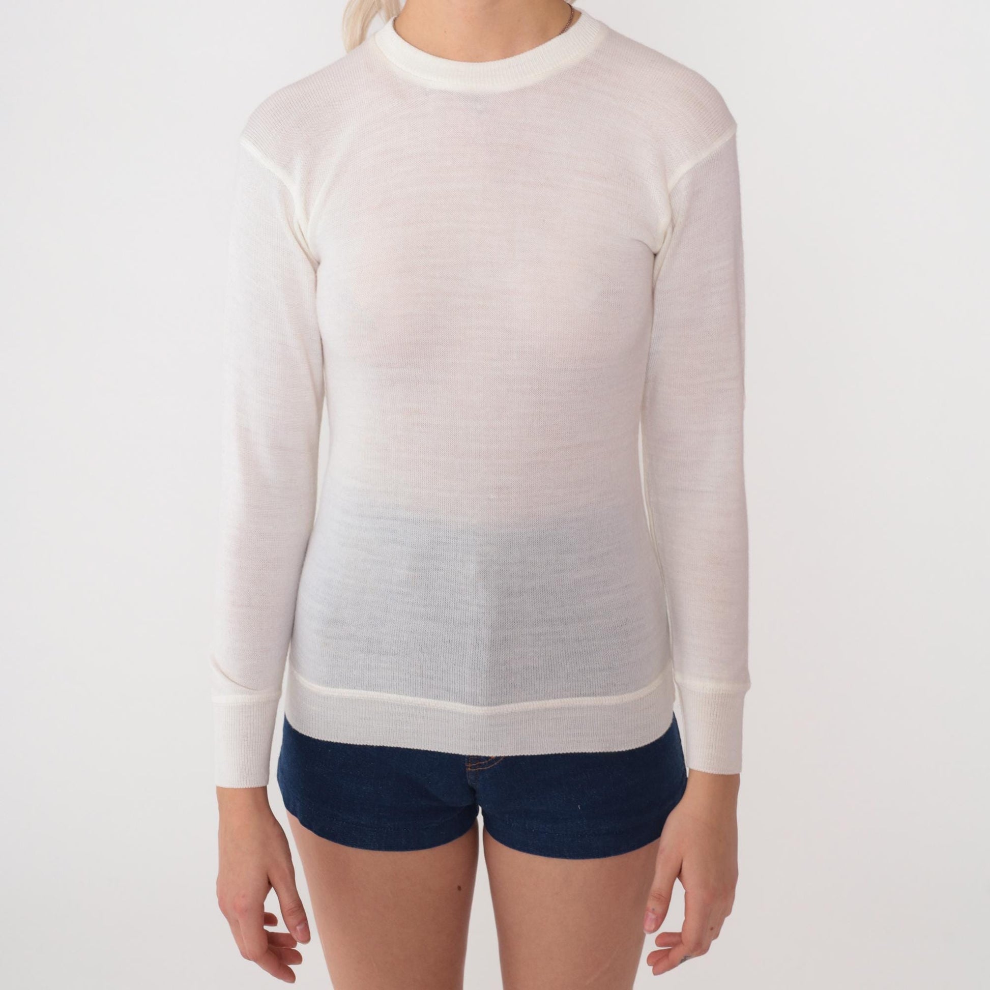 80s Snowflakes Wool Sweater Cream Ribbed Knit Crewneck XS