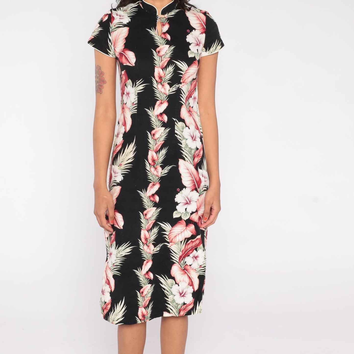 90s Young Hawaii Black Hibiscus Mandarin Collar Dress Pink Palm Small S