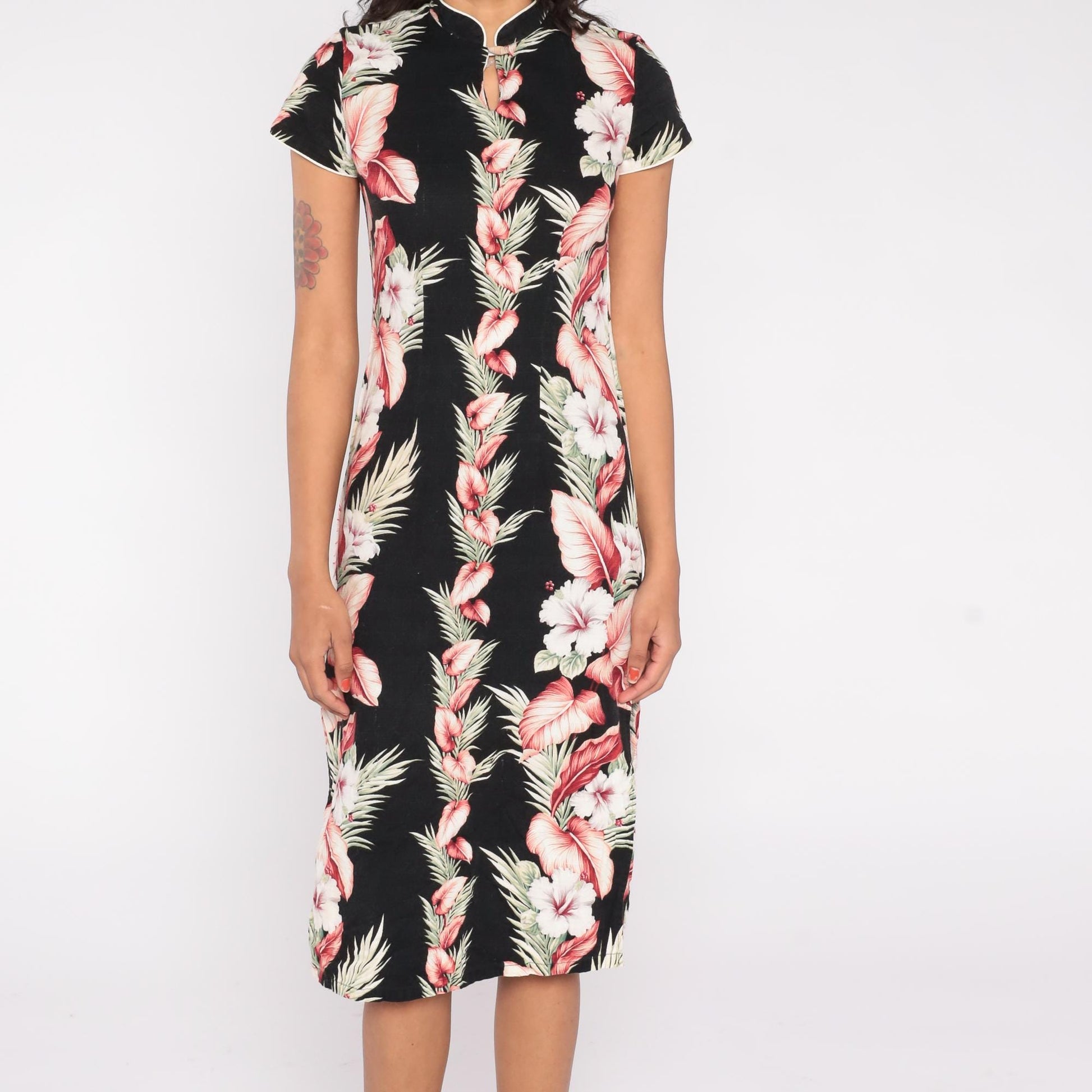 90s Young Hawaii Black Hibiscus Mandarin Collar Dress Pink Palm Small S