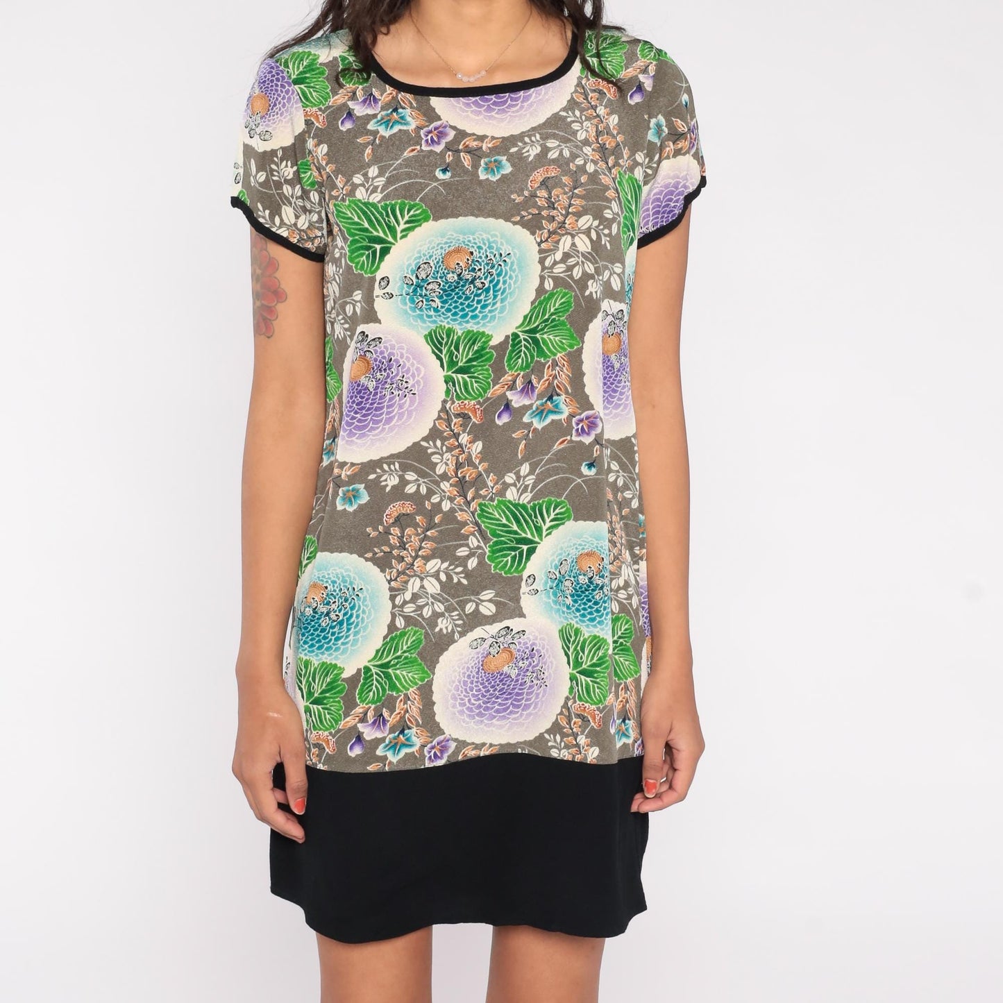 90s Floral Mini Dress Grey Turquoise Lilac Leaf Print Ringer Trim Small S