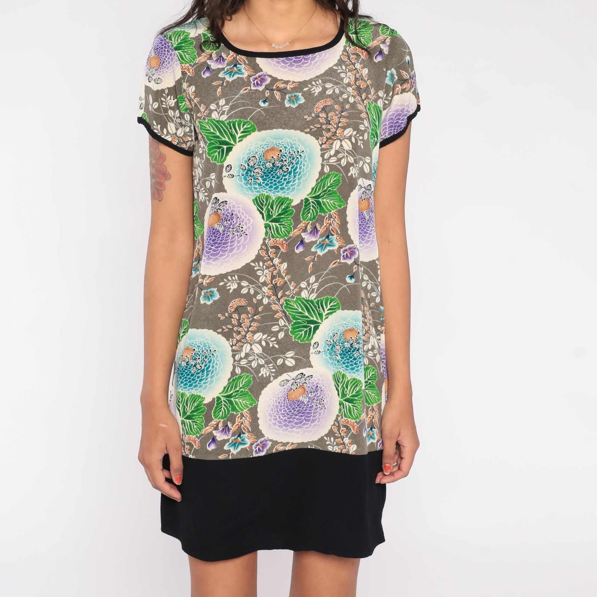 90s Floral Mini Dress Grey Turquoise Lilac Leaf Print Ringer Trim Small S