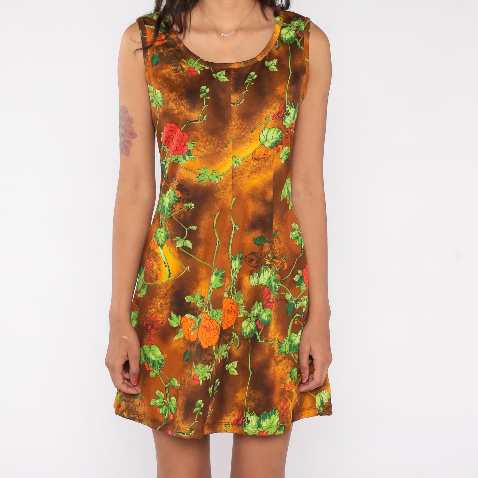 70s Floral Mini Dress Burnt Orange Rose Print Shift Sleeveless Medium