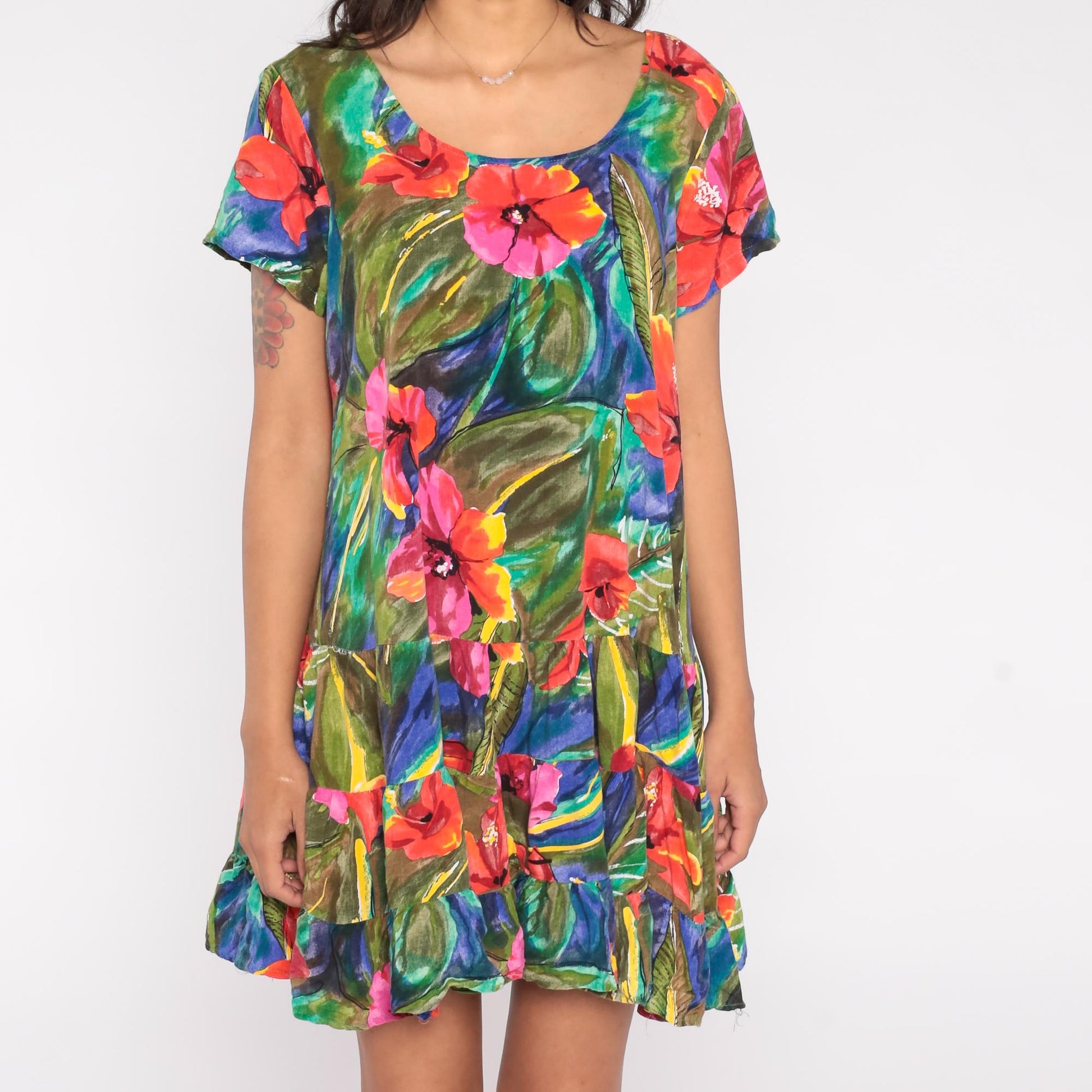90s Jacqueline Studio Hibiscus Mini Dress Coral Pink Floral Rayon Medium