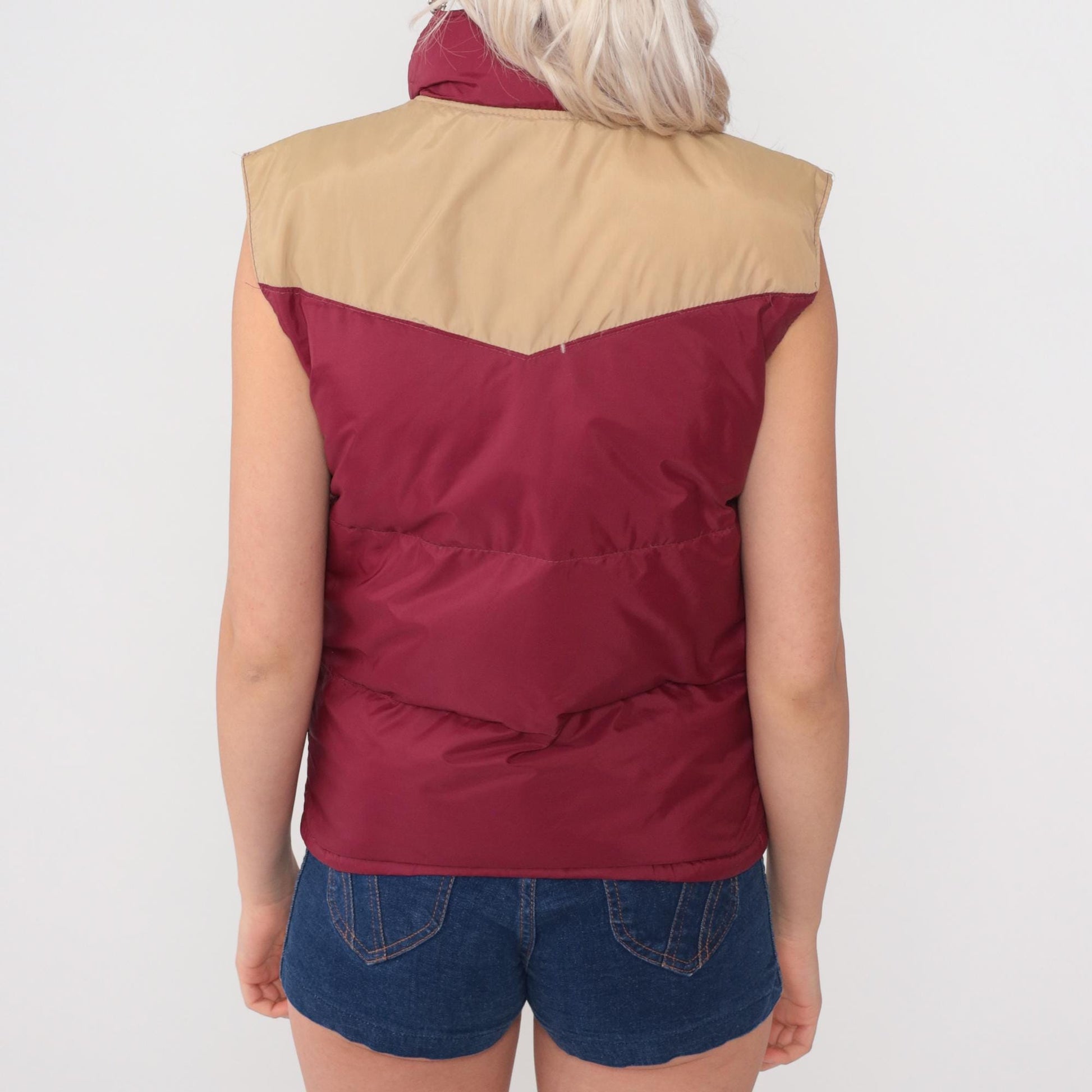 80s Pacific Trail Down Puffer Vest Burgundy Tan Yoke Zip Small
