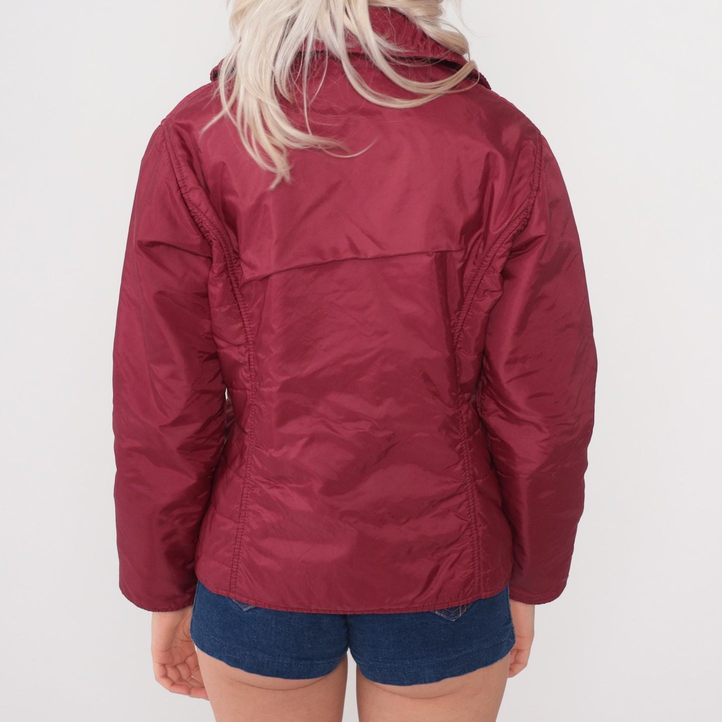 80s Sportscaster Burgundy Nylon Puffer Jacket Snap Front Small
