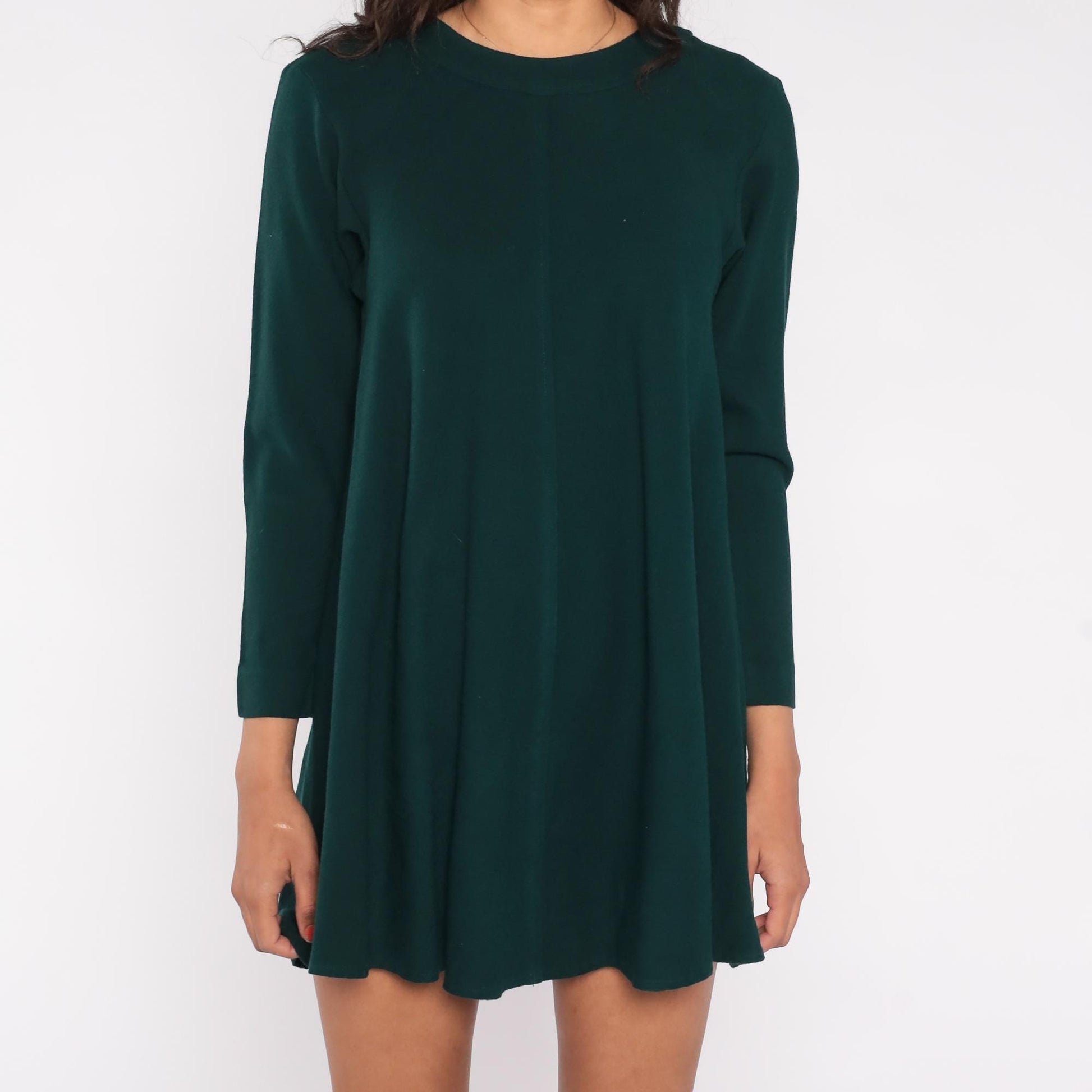 90s Forest Green Wool Blend Mini Dress Long Sleeve A-Line Back Zipper Small