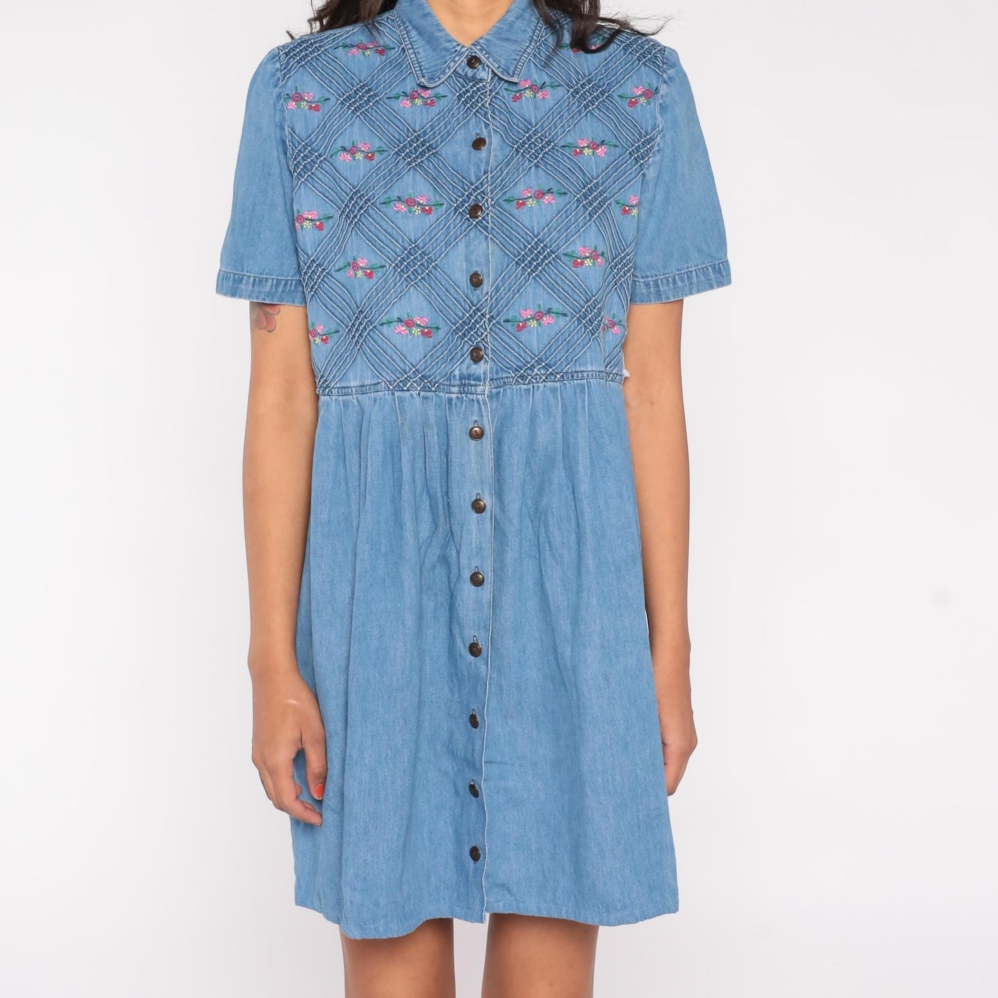 90s Floral Embroidered Denim Mini Dress Blue Collared Short Sleeve Large L