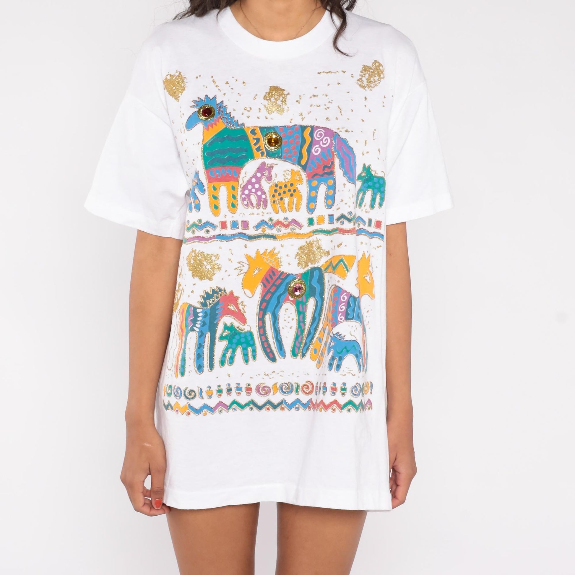 90s Fruit of the Loom Southwestern Horse Graphic T-Shirt Gold Glitter Jeweled Extra Large XL