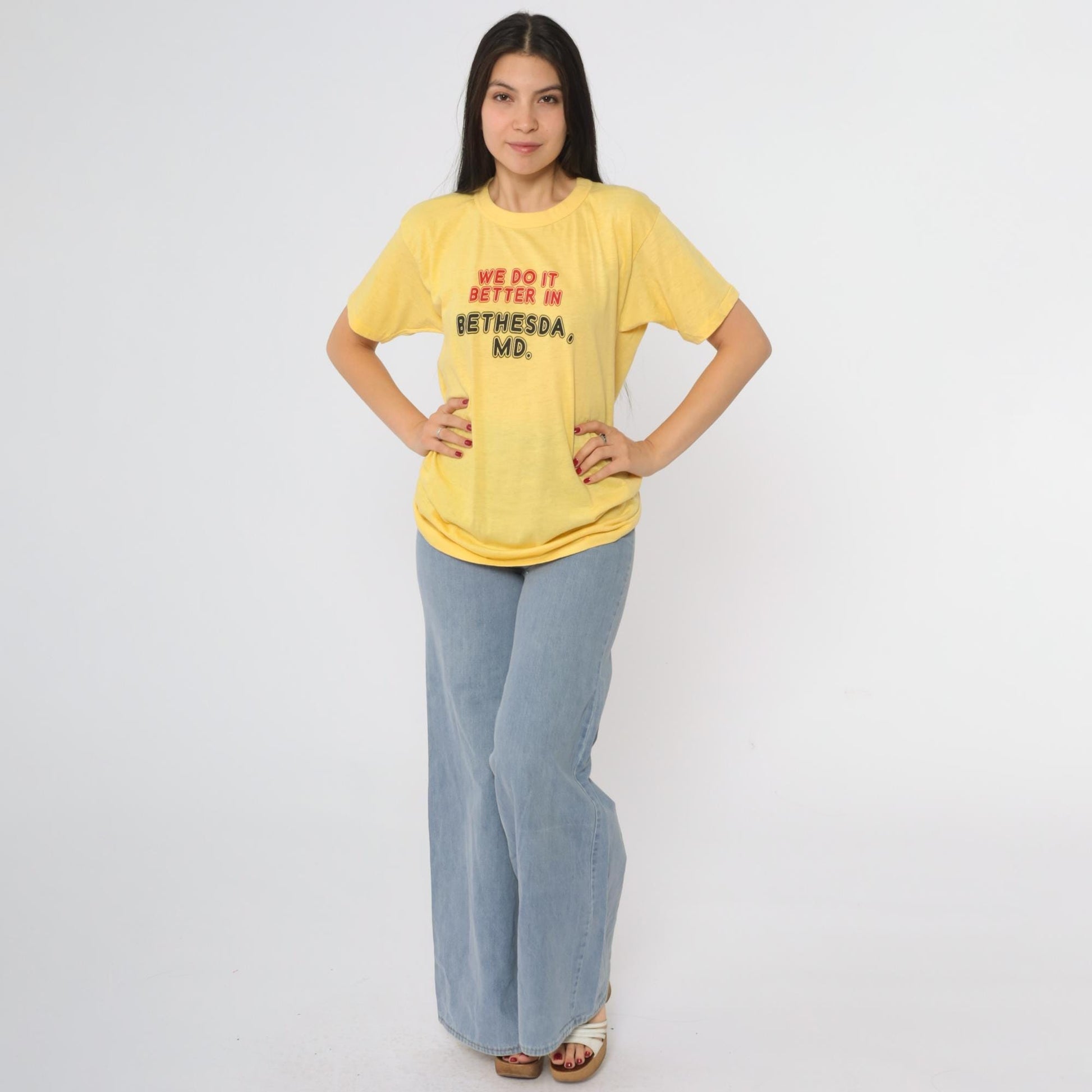80s Bethesda Maryland Sneakers Graphic Tee Yellow We Do It Better Large