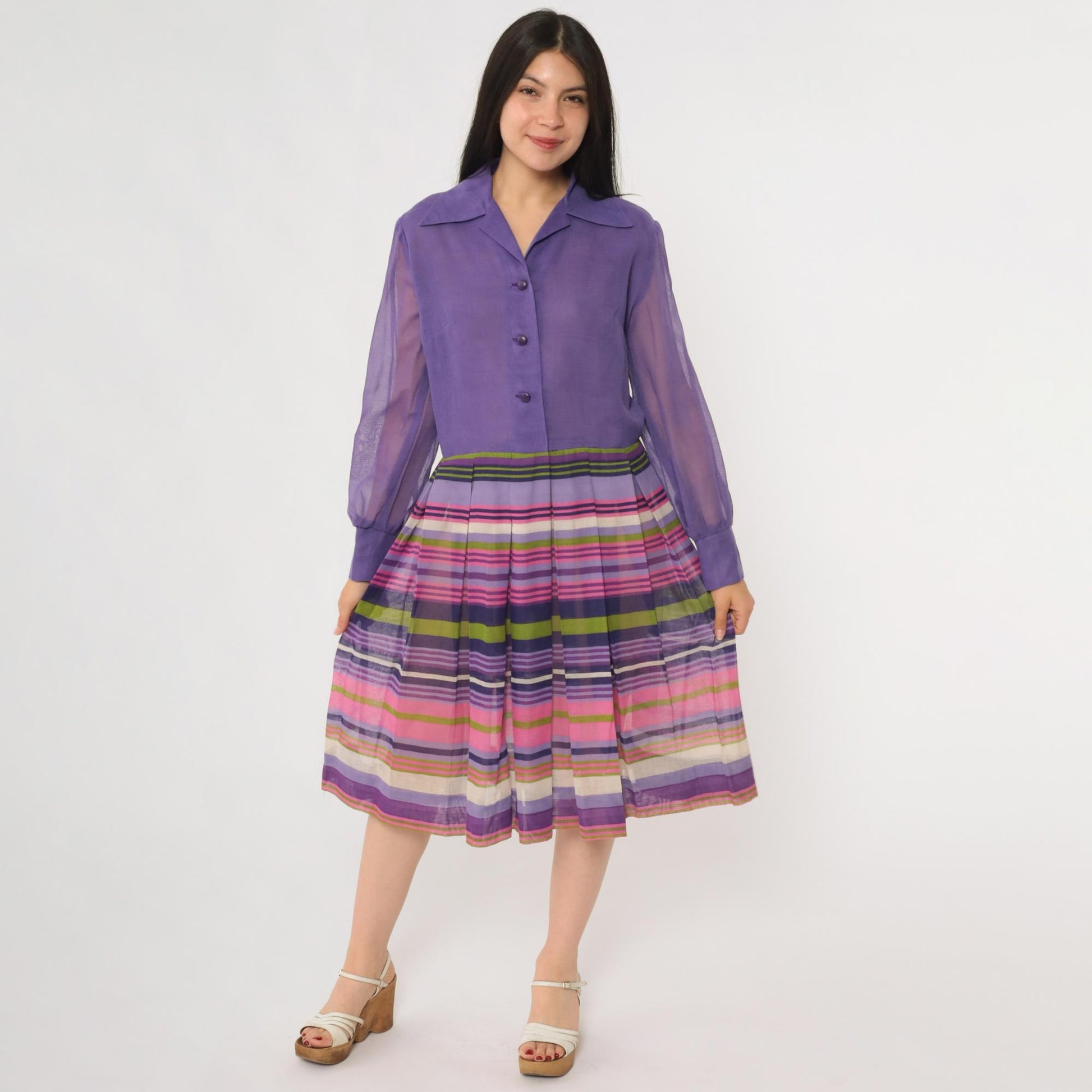 60s Rainbow Stripe Chiffon Midi Dress Button Front Long Sleeve Multicolor Large