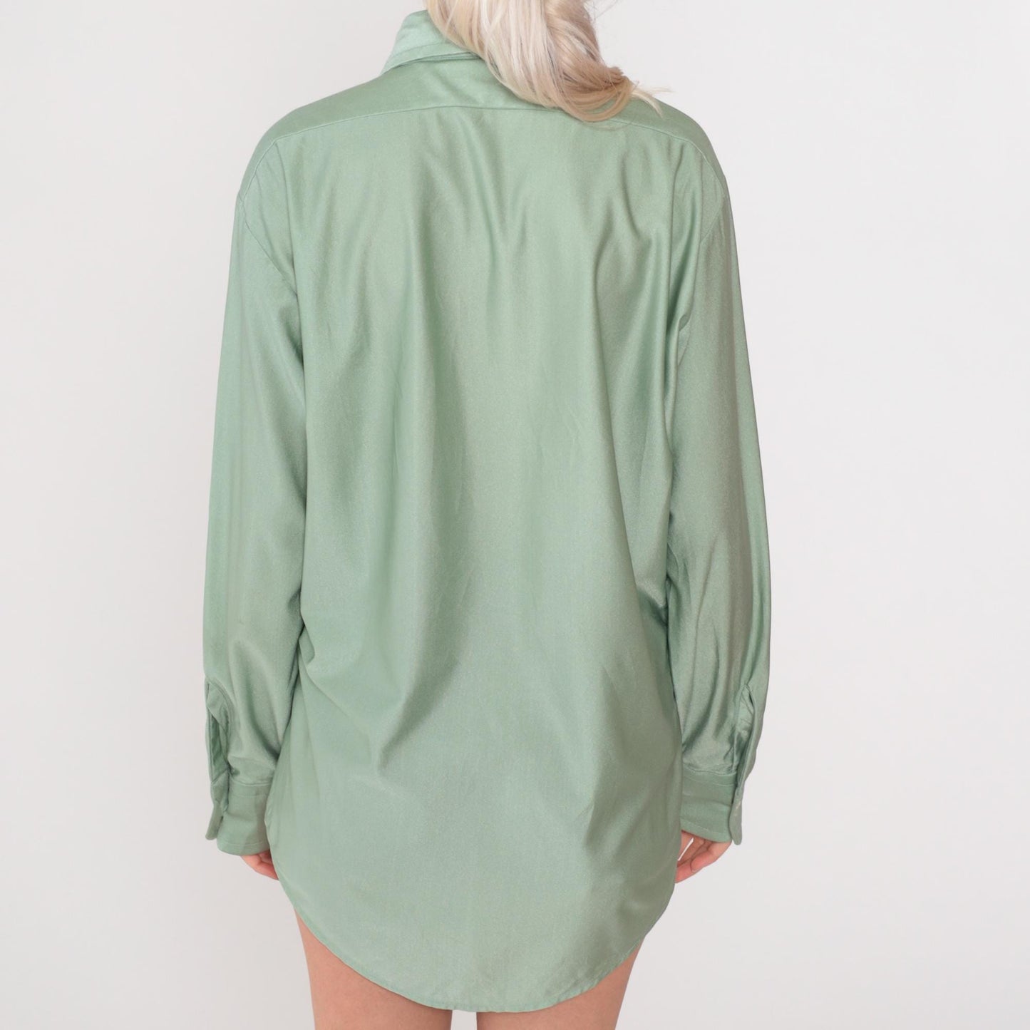 70s Qiana Sage Green Button-Up Shirt Pointed Collar Long Sleeve Large