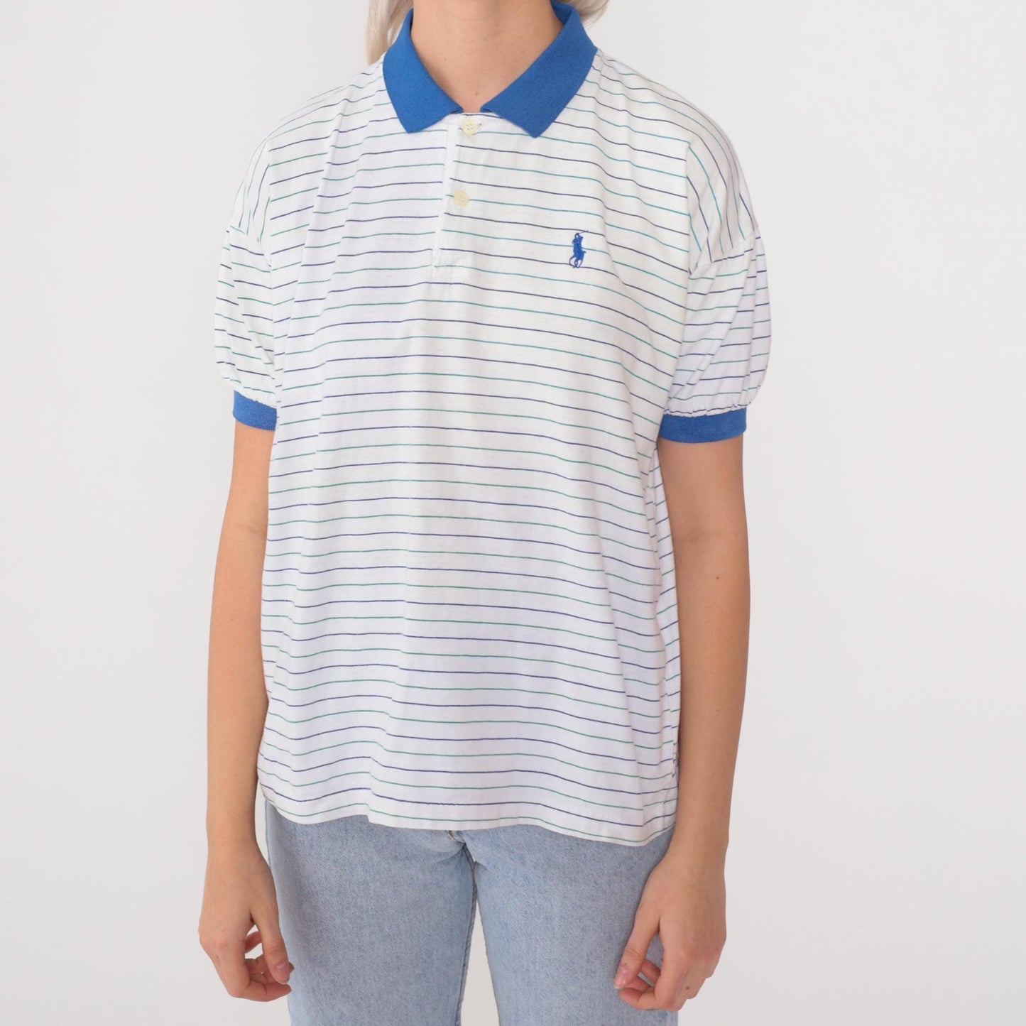90s Polo Ralph Lauren Striped Polo Shirt White Blue Short Sleeve Extra Small