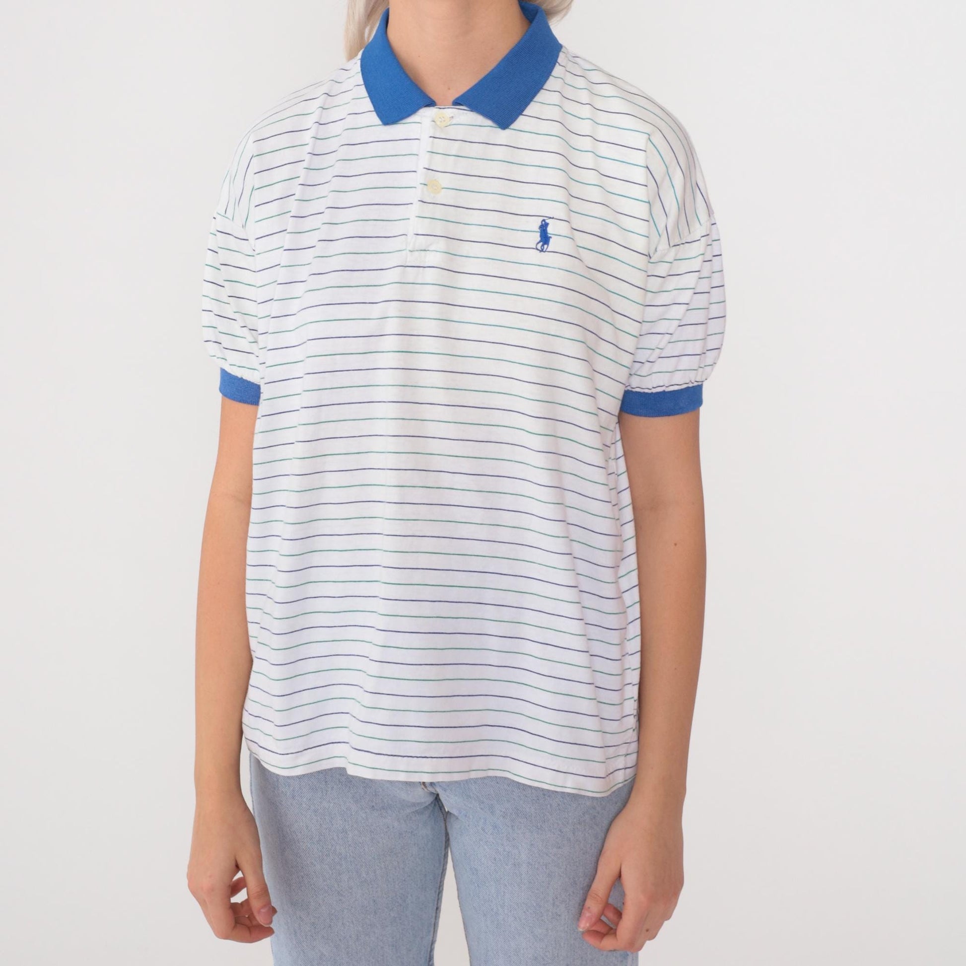 90s Polo Ralph Lauren Striped Polo Shirt White Blue Short Sleeve Extra Small