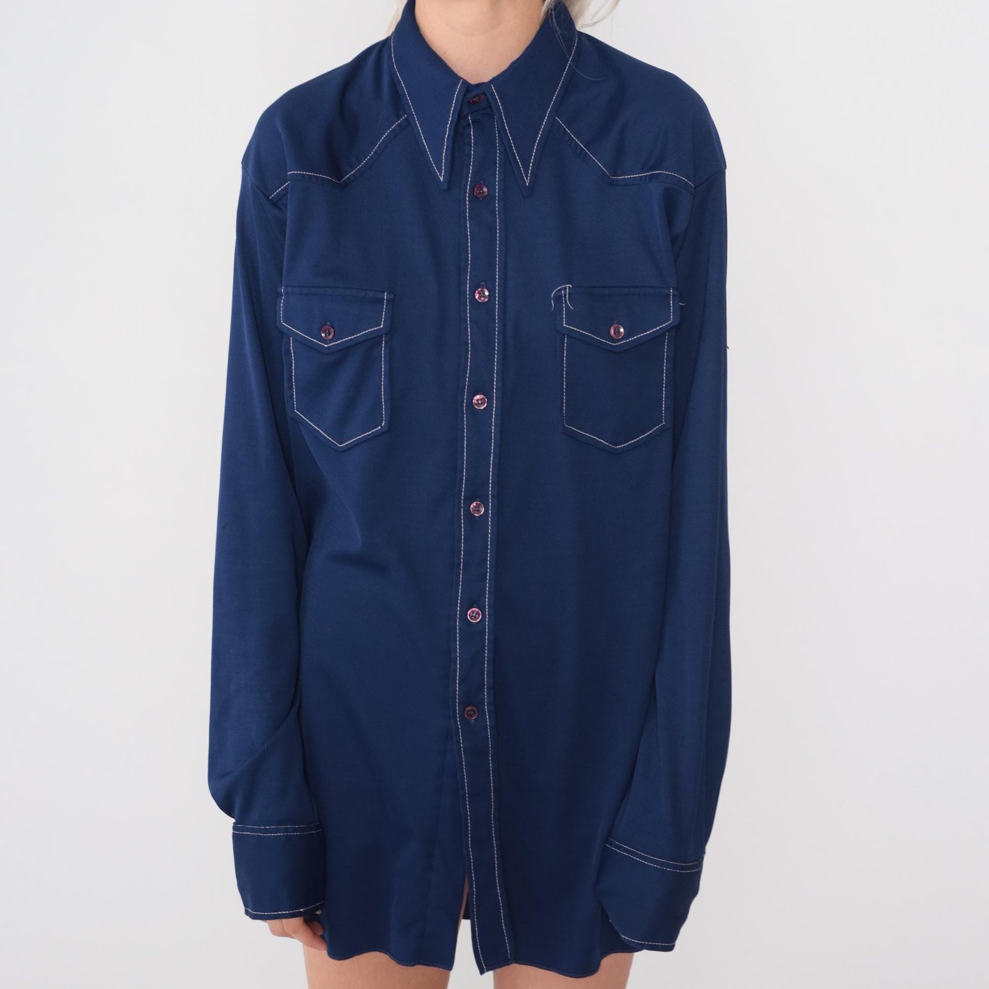 70s Navy Blue Button Up Shirt Dagger Collar Topstitch Men's Medium