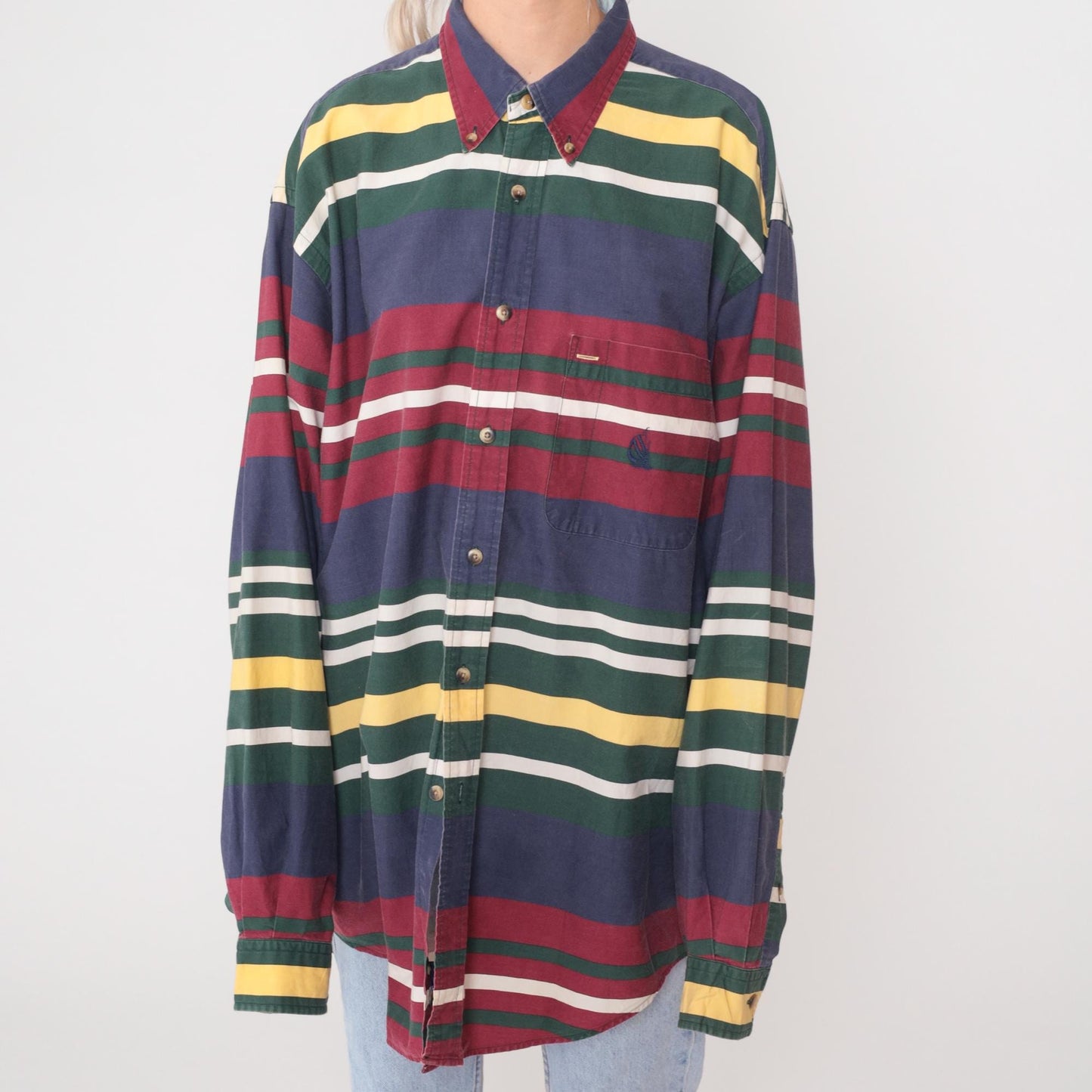 90s Nautica Striped Cotton Button Down Shirt Navy Burgundy Green XL