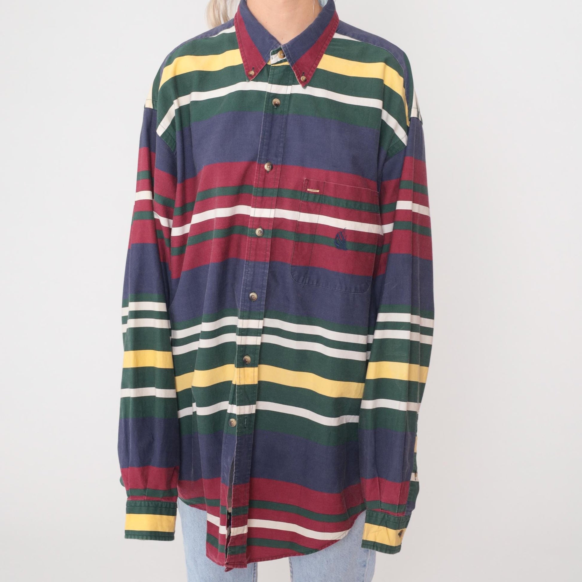 90s Nautica Striped Cotton Button Down Shirt Navy Burgundy Green XL