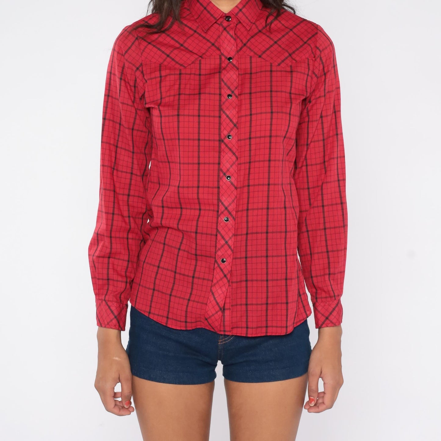 80s Cameo Rose Red Black Plaid Pearl Snap Western Shirt Small