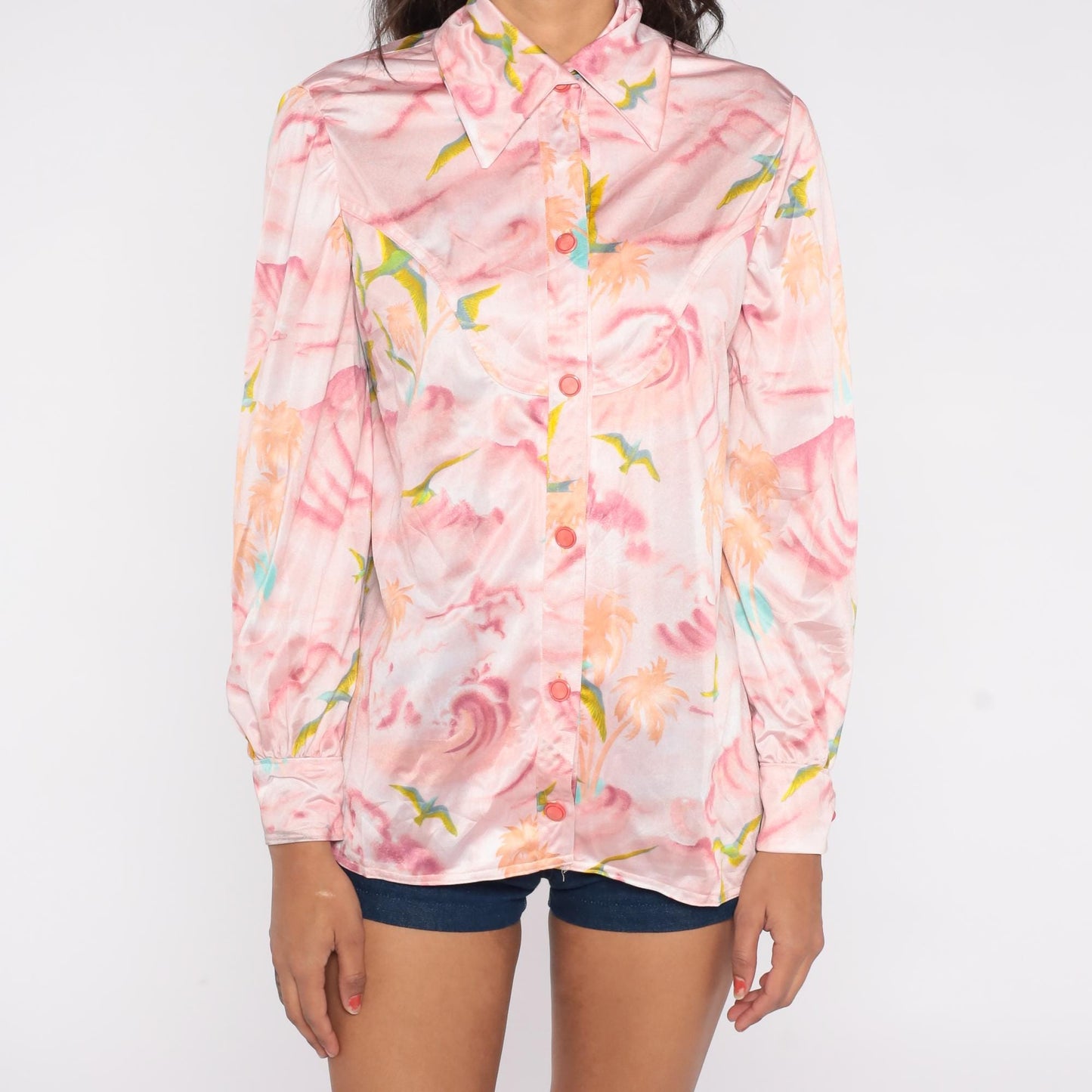 70s Pink Blouse Palm Tree Bird Watercolor Print Long Sleeve Medium