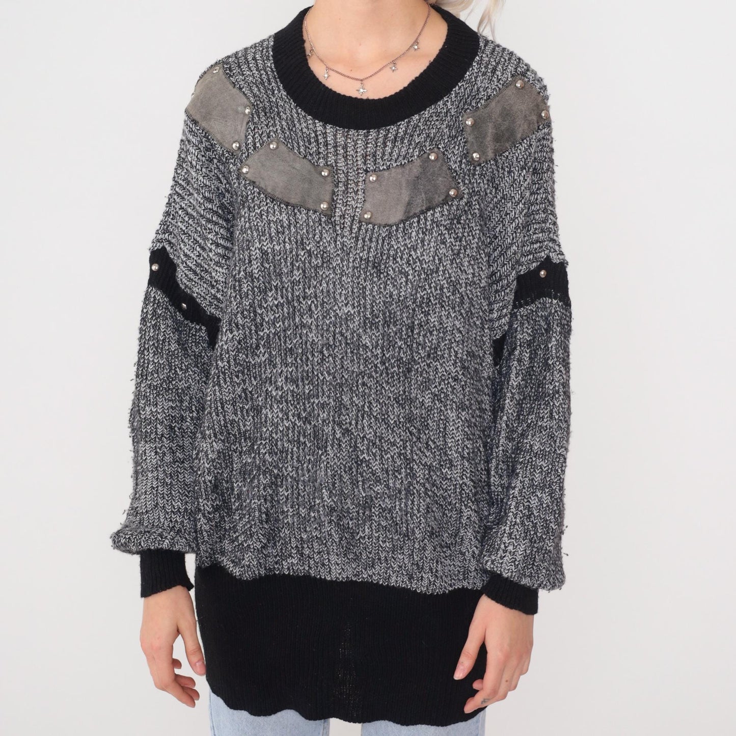 80s Studded Suede Patch Chunky Knit Sweater Grey Black Tunic One Size