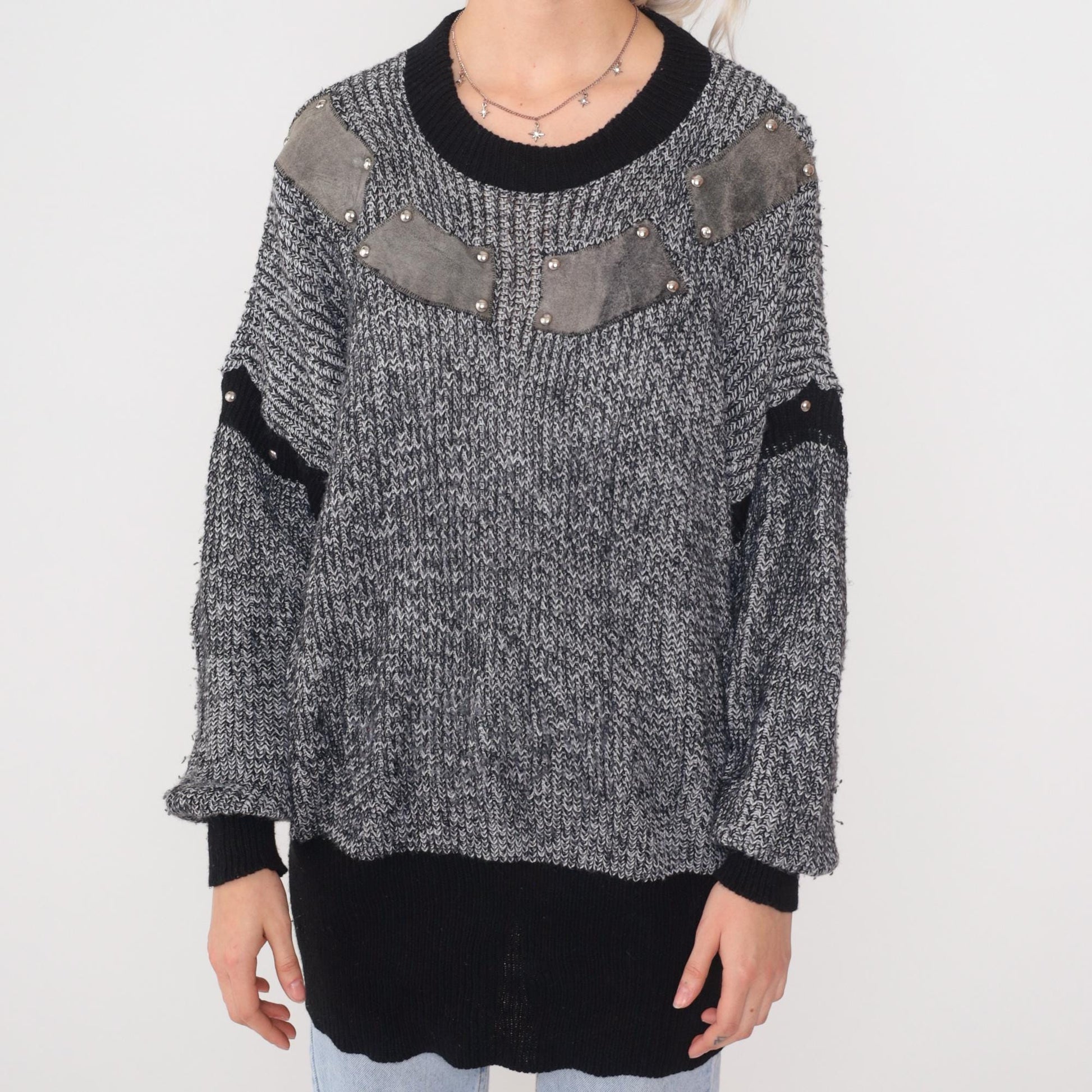 80s Studded Suede Patch Chunky Knit Sweater Grey Black Tunic One Size