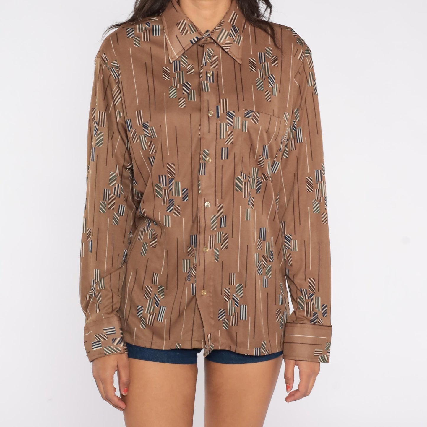 70s Moving Up Abstract Geometric Striped Button-Down Shirt Brown Tan Large