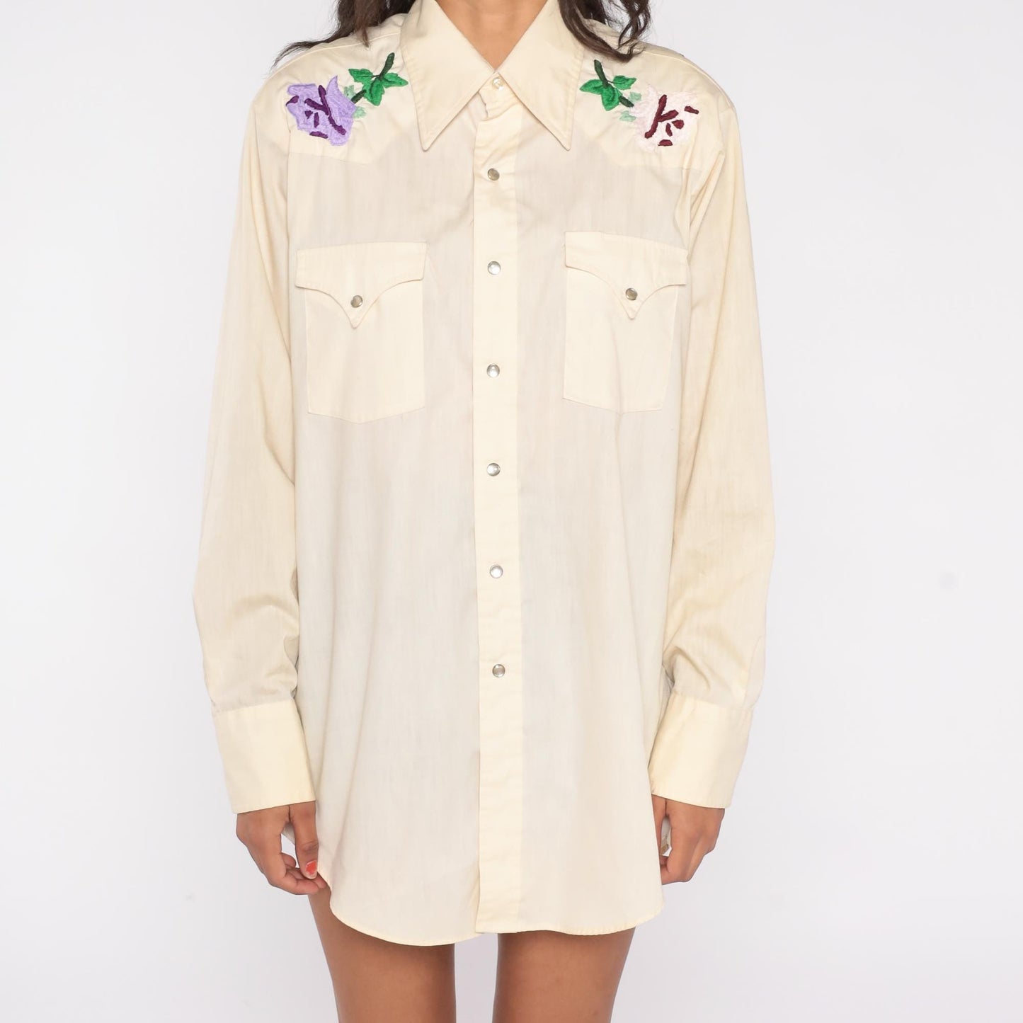 70s Lee Western Shirt Cream Floral Embroidered Pearl Snap Unisex Large