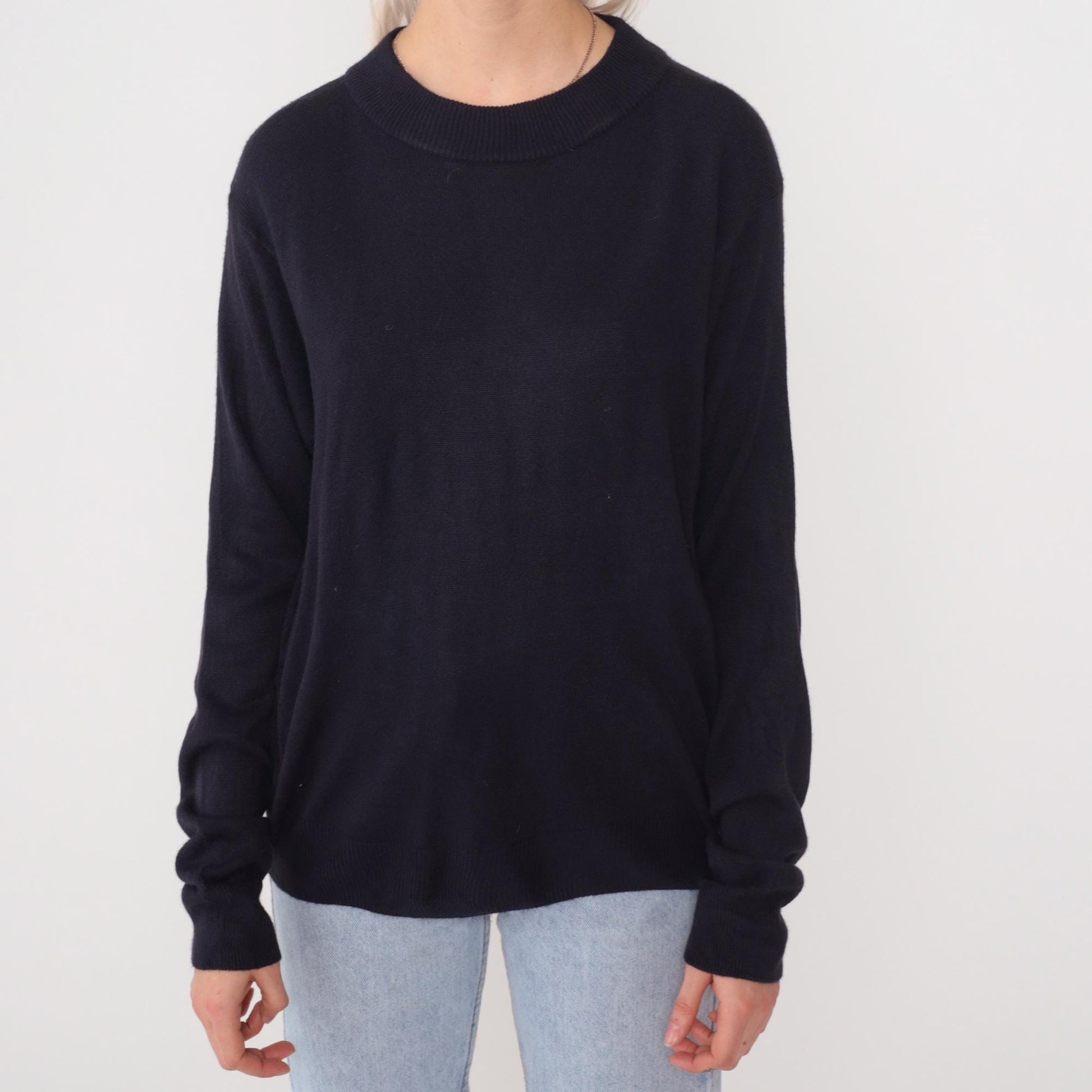90s Black Crew Neck Sweater Drop Shoulder Pullover Medium M