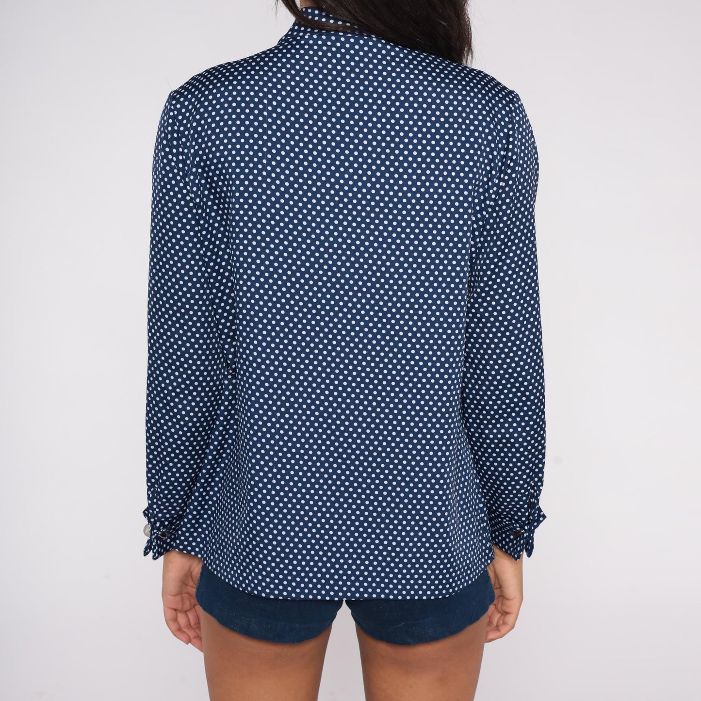80s Navy Polka Dot Button-Down Blouse White Dots Pussy Bow Medium M