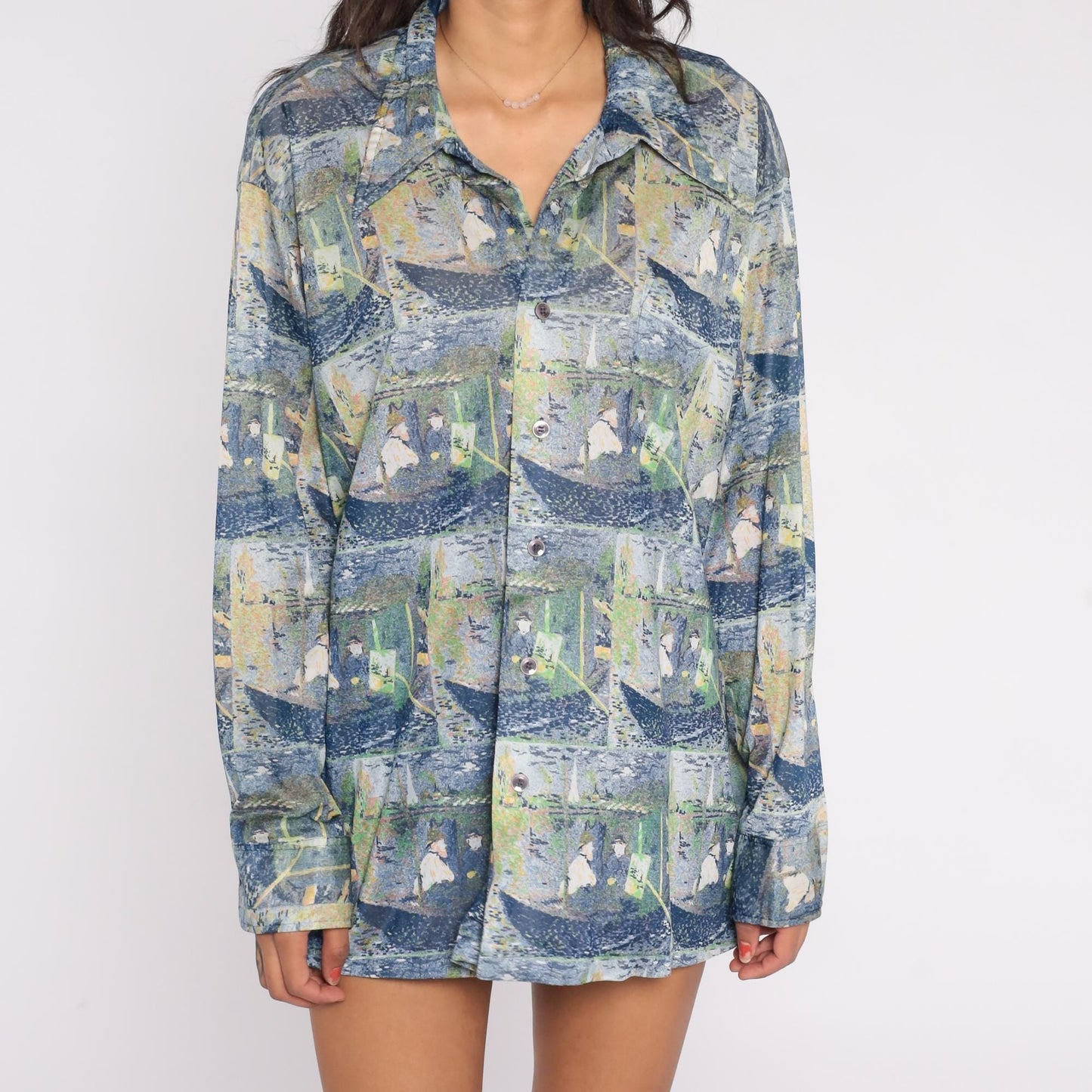 70s Claude Monet Impressionist Boating Scene Button Down Shirt Blue Green XXL