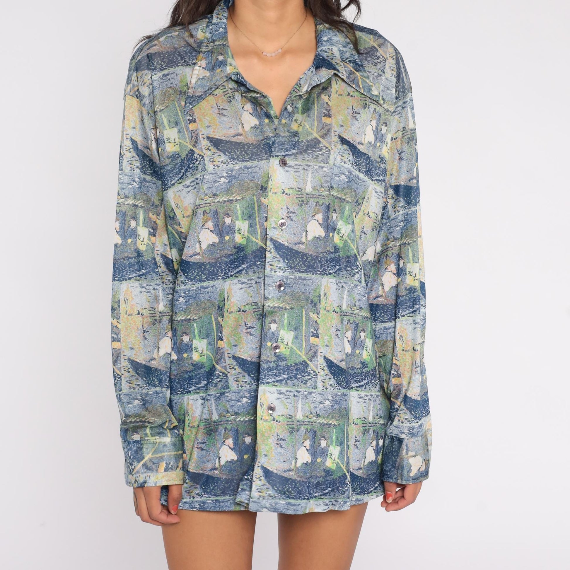70s Claude Monet Impressionist Boating Scene Button Down Shirt Blue Green XXL