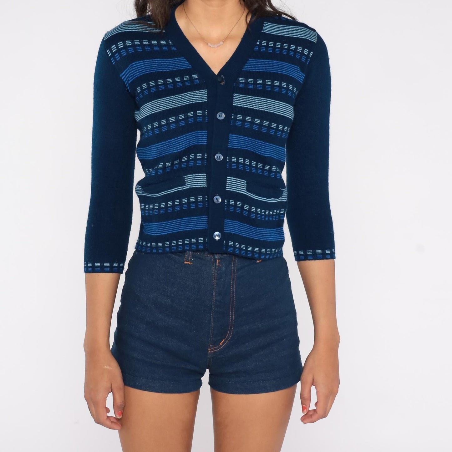 80s Navy Striped Knit Cardigan V-Neck Button Front 3/4 Sleeve Extra Small