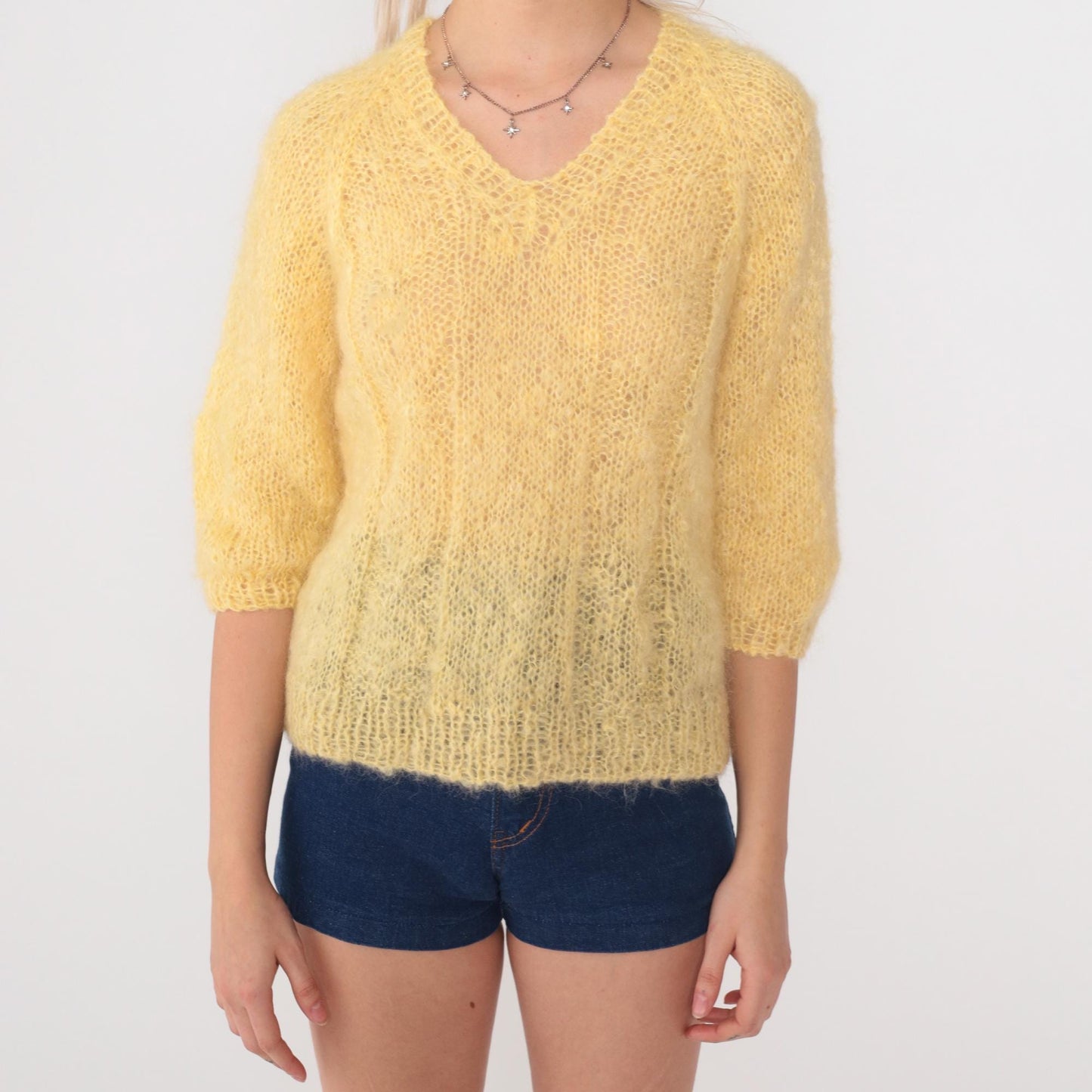 70s Yellow Mohair V-Neck Sweater Cropped 3/4 Sleeve Open Knit Small S