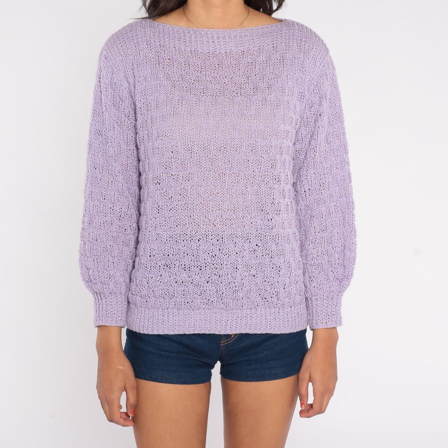80s Lavender Knit Sweater Loose Weave Crew Neck Pullover Medium M