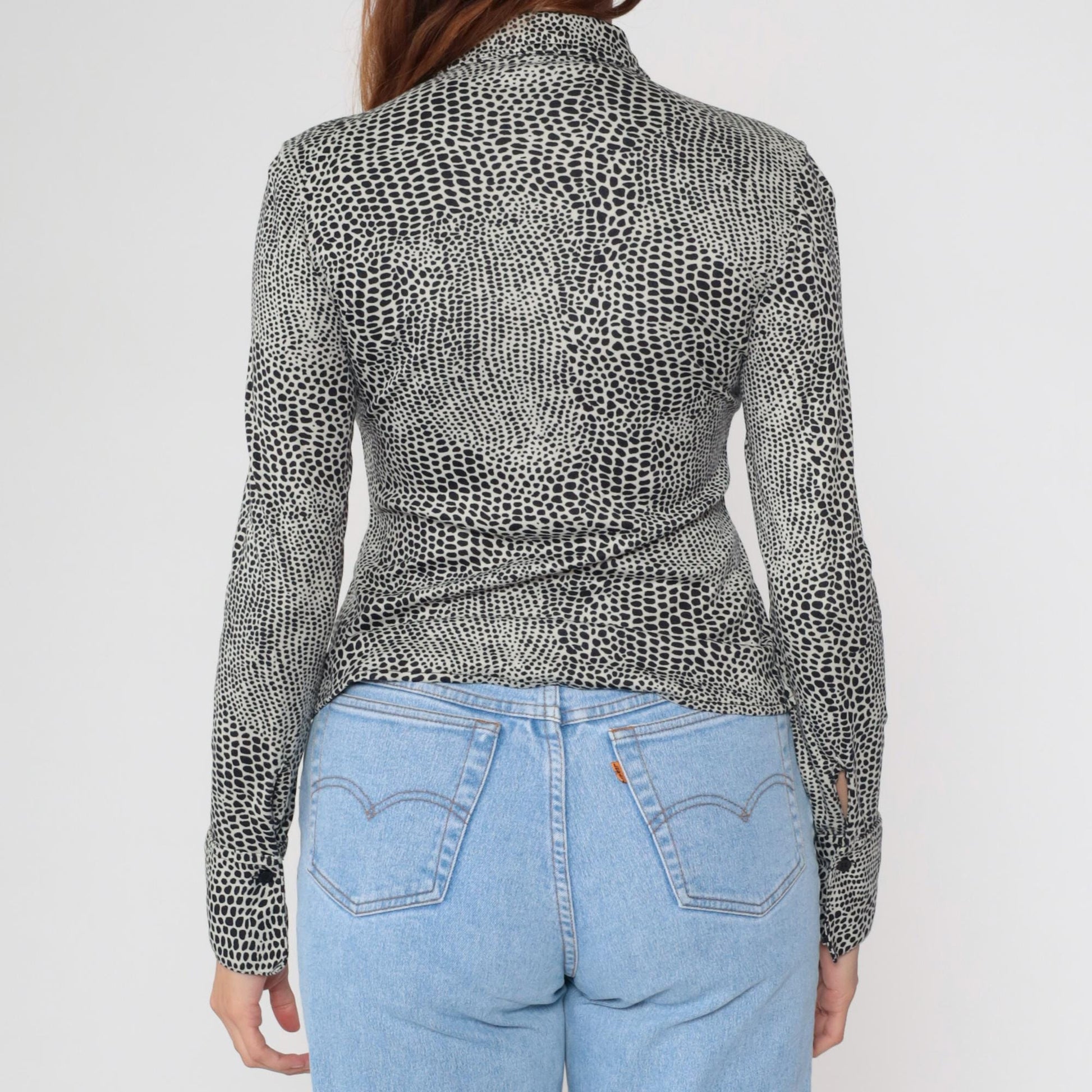 Y2K Alligator Print Button Up Blouse Black White Fitted Long Sleeve Extra Small XS