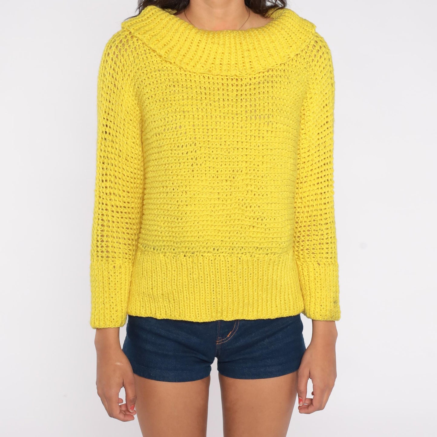 80s Yellow Open Knit Cowl Neck Sweater Long Sleeve Medium