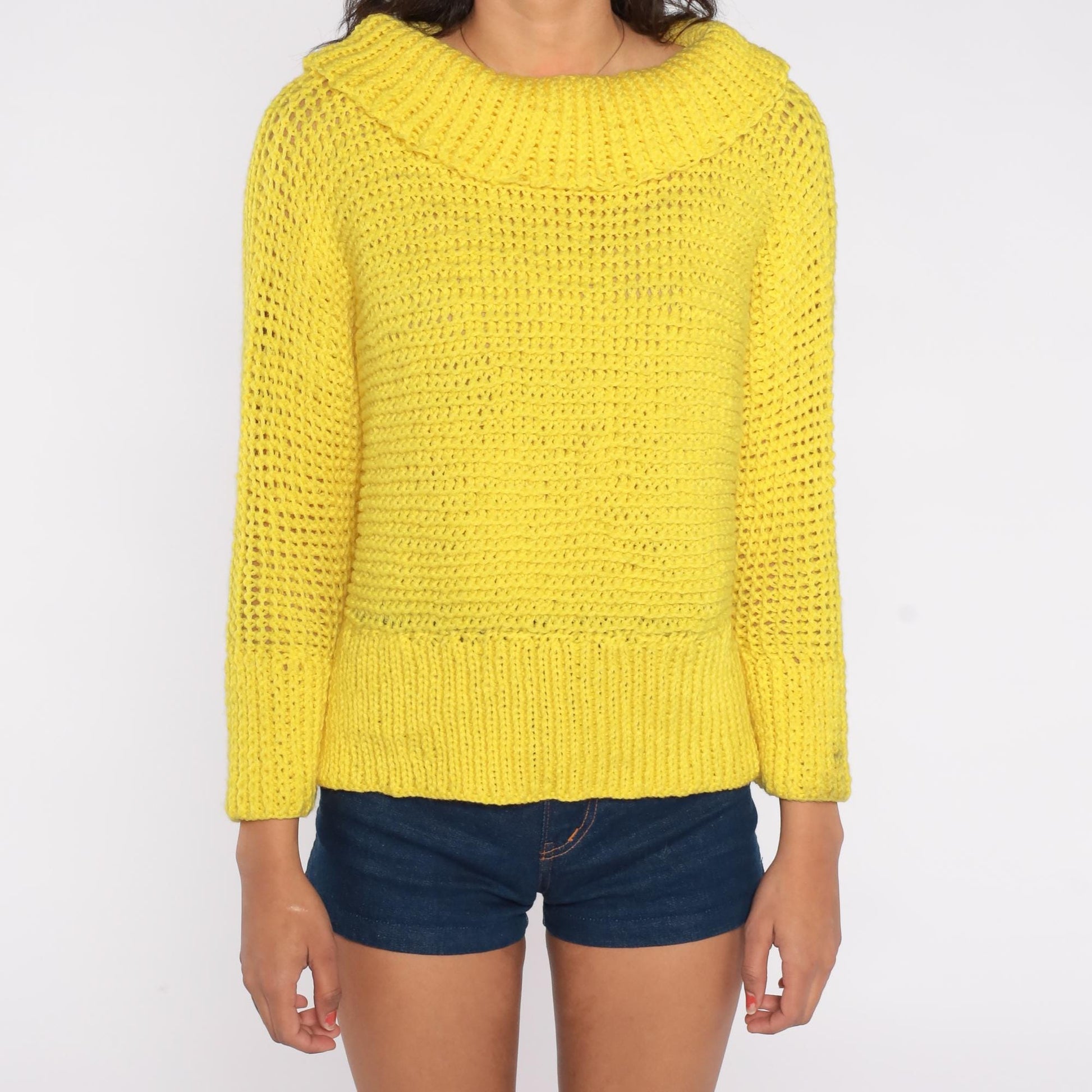 80s Yellow Open Knit Cowl Neck Sweater Long Sleeve Medium