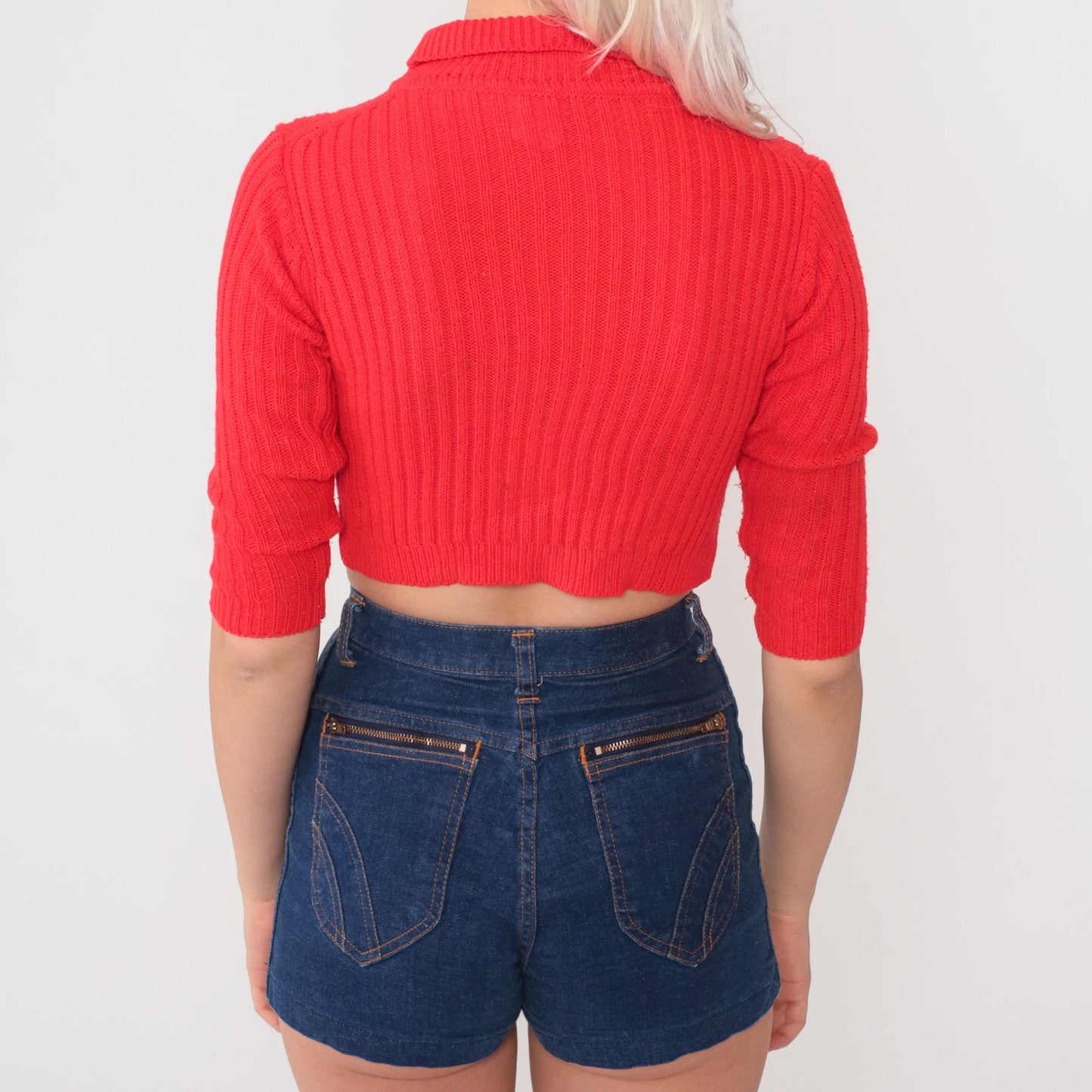 70s Red Ribbed Knit Crop Sweater Mock Neck Three Quarter Sleeve Small