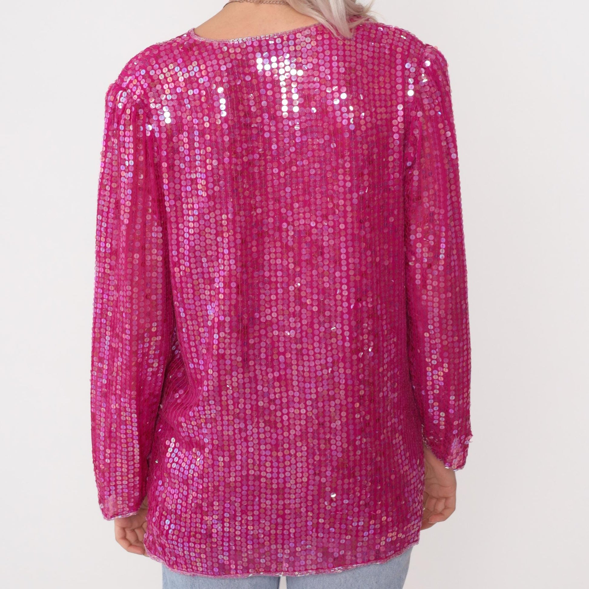 90s Hot Pink Sequin Silk Blouse Iridescent V-Neck Long Sleeve Small