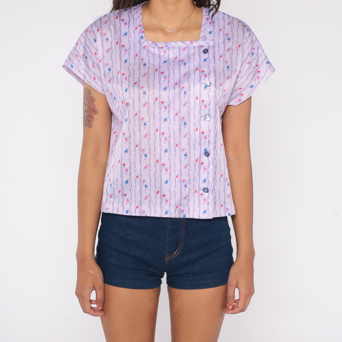 70s Lavender Floral Blouse Purple Striped Square Neck Button Front Short Sleeve Medium