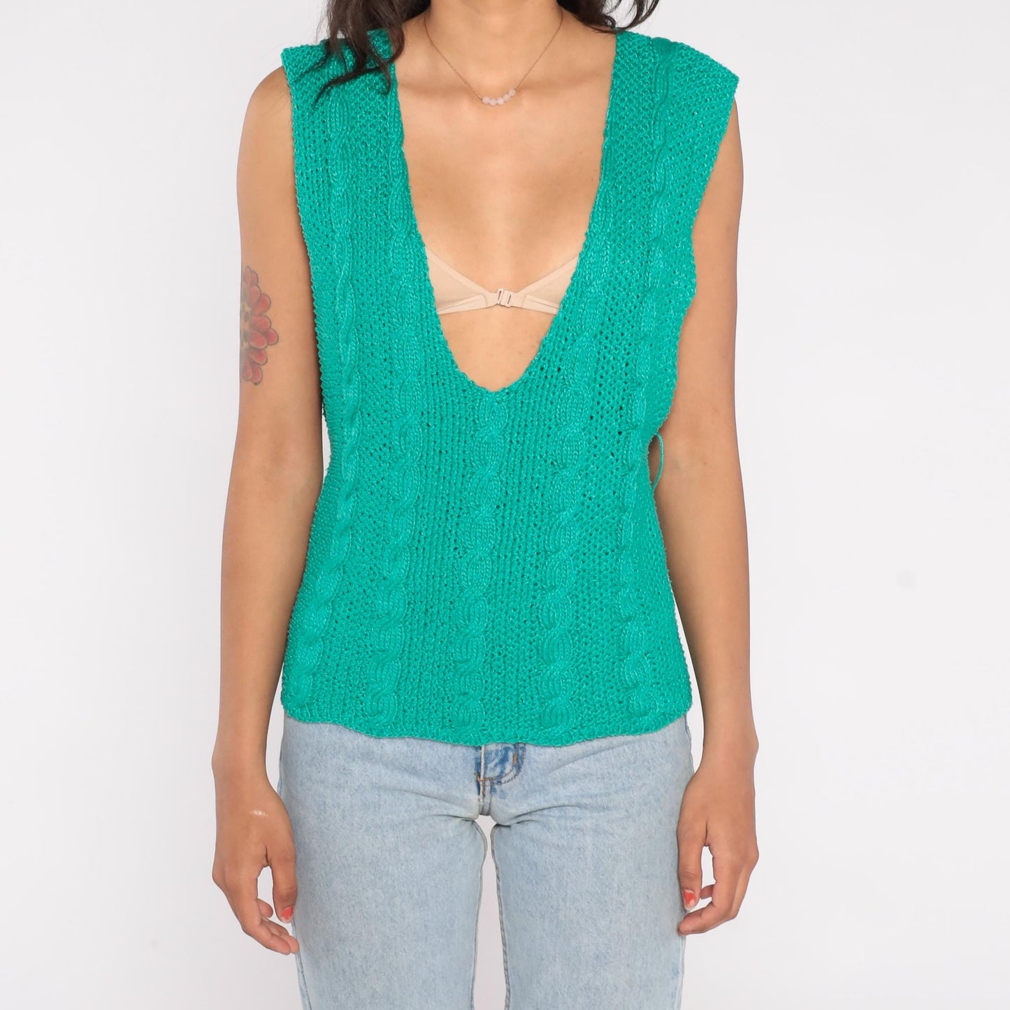 90s Emerald Cable Knit Vest Deep V-Neck Preppy Sleeveless Sweater Small S