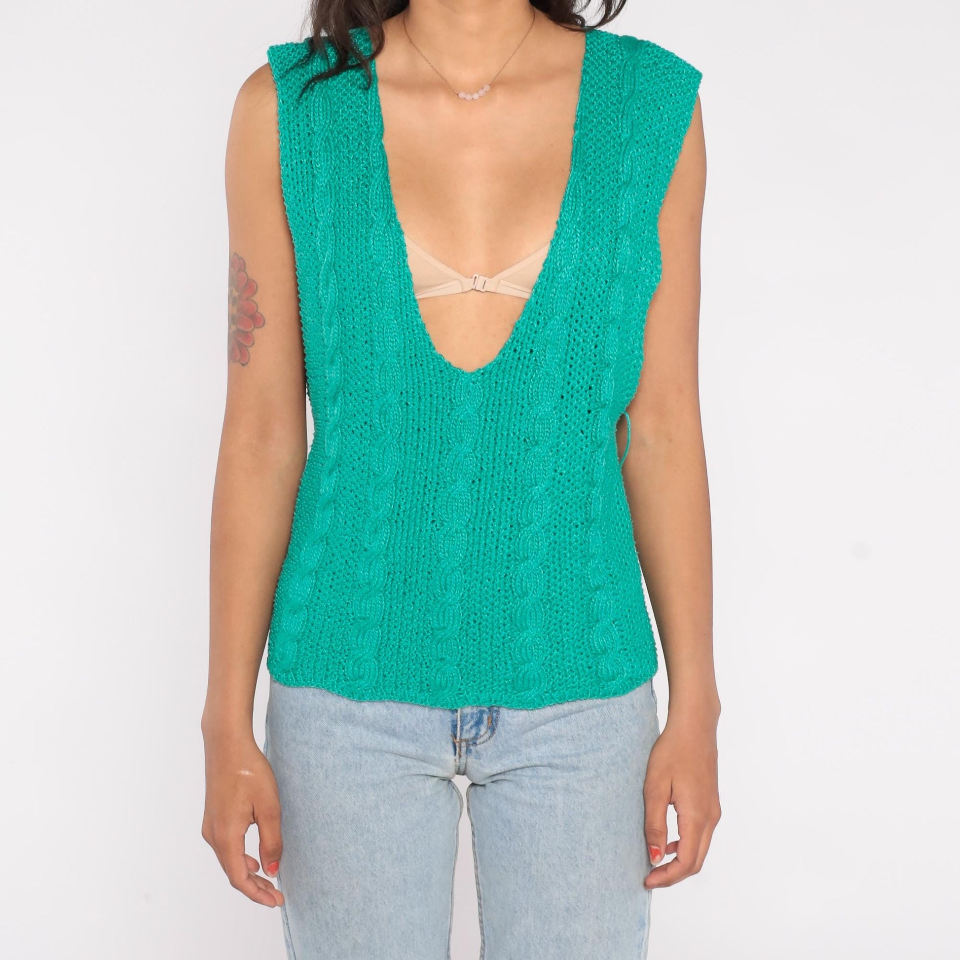 90s Emerald Cable Knit Vest Deep V-Neck Preppy Sleeveless Sweater Small S
