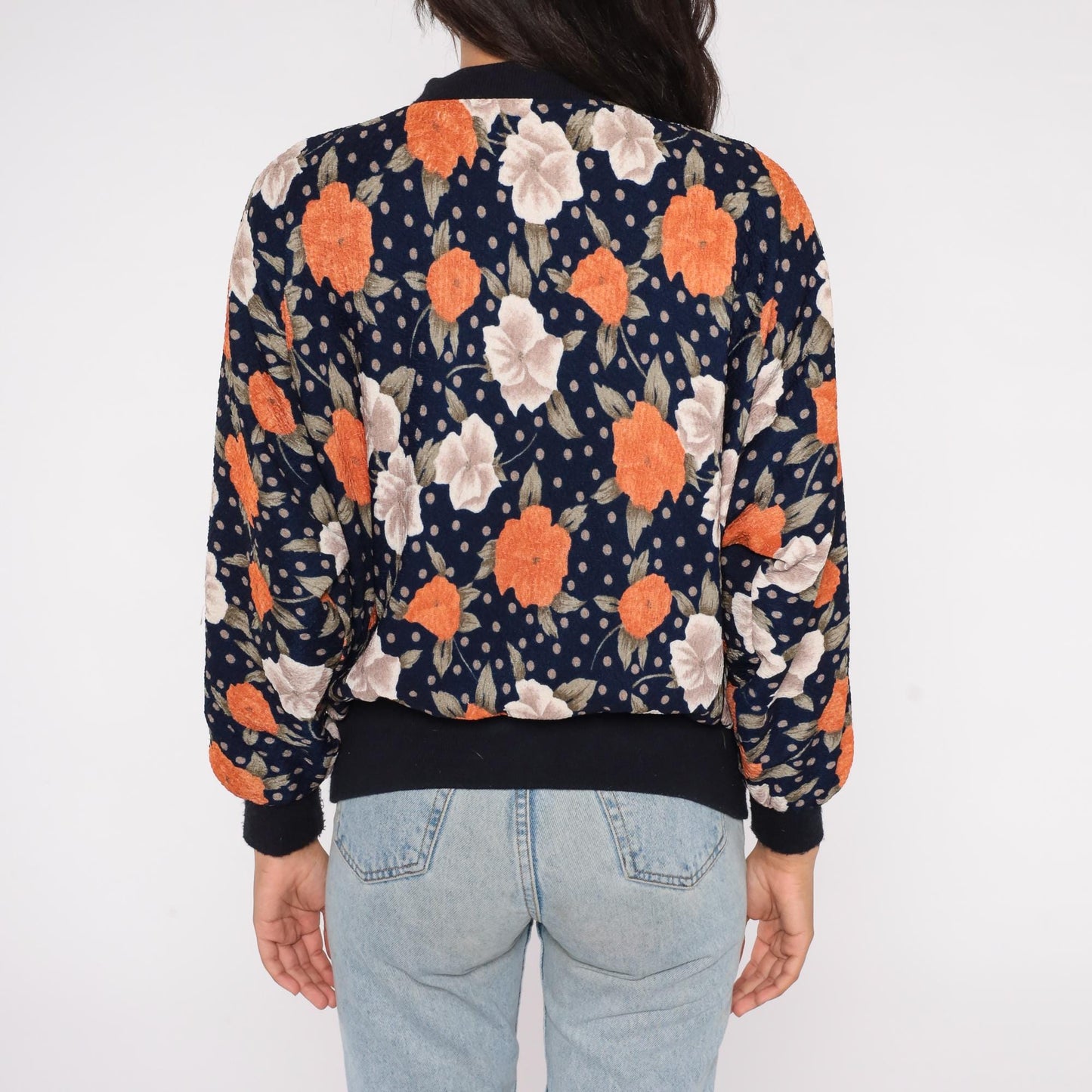 90s Navy Floral Bomber Cardigan Puff Sleeve Button Front Large L