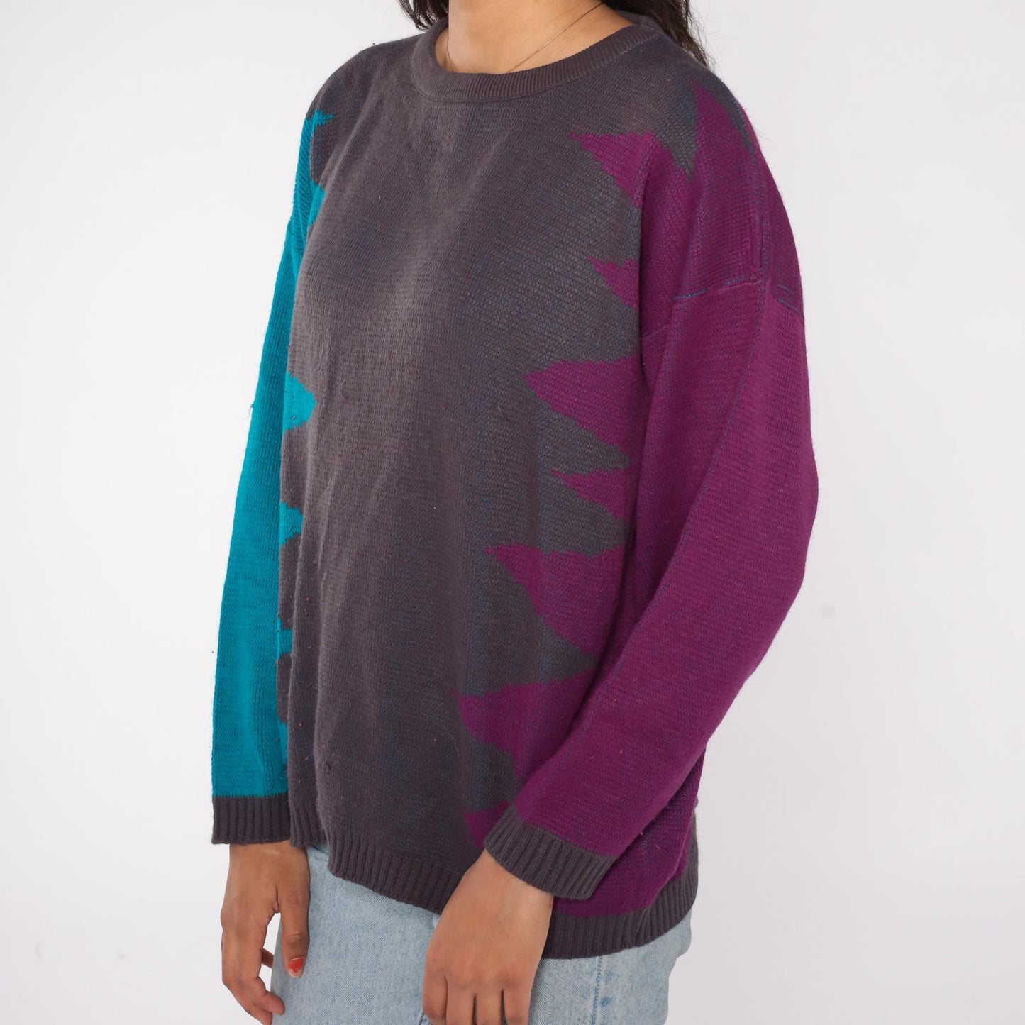 90s Geometric Color Block Sweater Teal Purple Charcoal Crewneck Medium