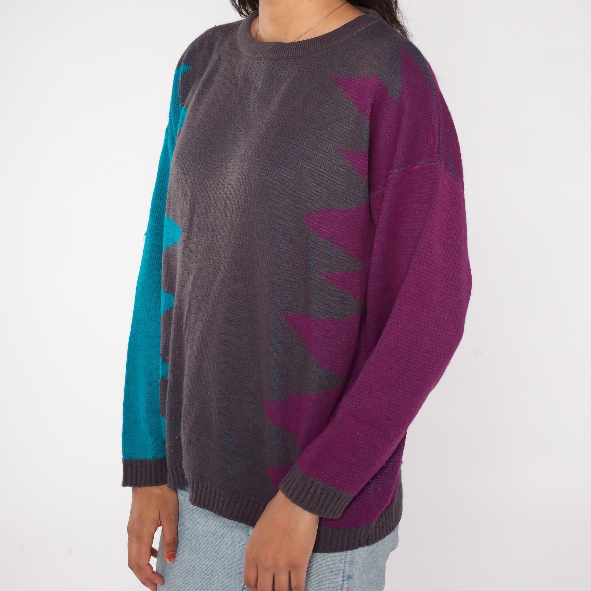 90s Geometric Color Block Sweater Teal Purple Charcoal Crewneck Medium