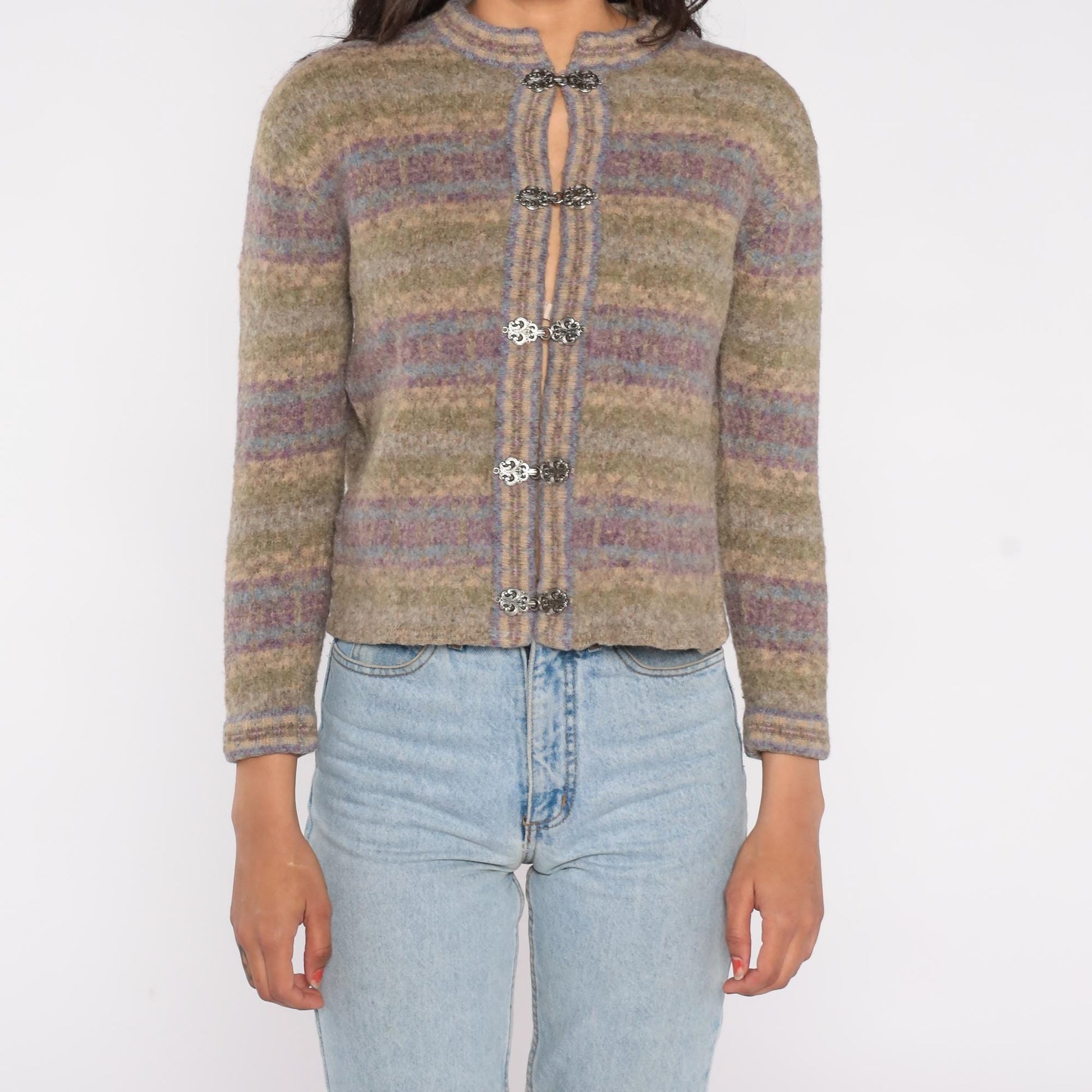 Y2K Wool Cardigan Frog Closure Sage Lavender Striped Cropped Petite Medium