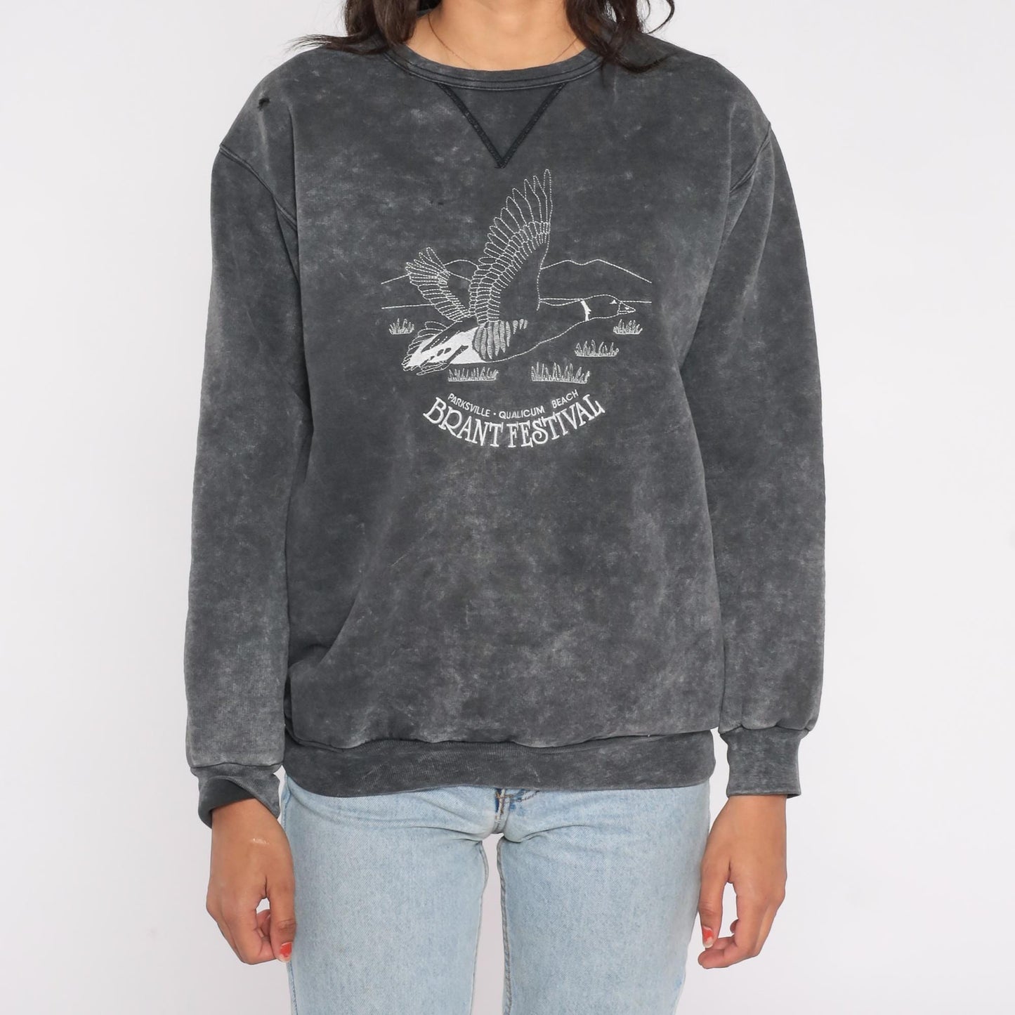 90s Brant Festival Goose Embroidered Acid Wash Sweatshirt Grey Medium