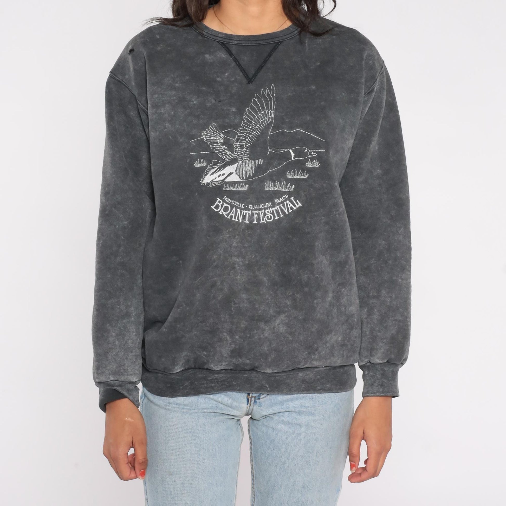 90s Brant Festival Goose Embroidered Acid Wash Sweatshirt Grey Medium
