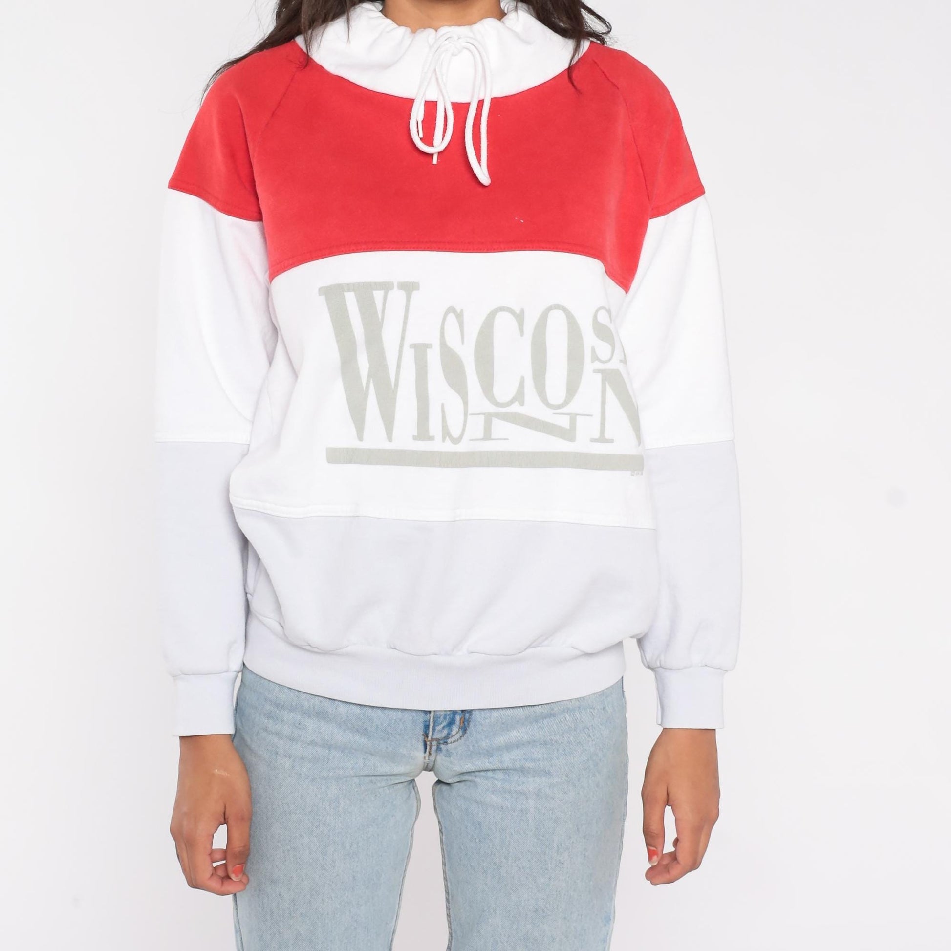 90s Wisconsin Colorblock Sweatshirt Red White Mock Turtleneck Medium